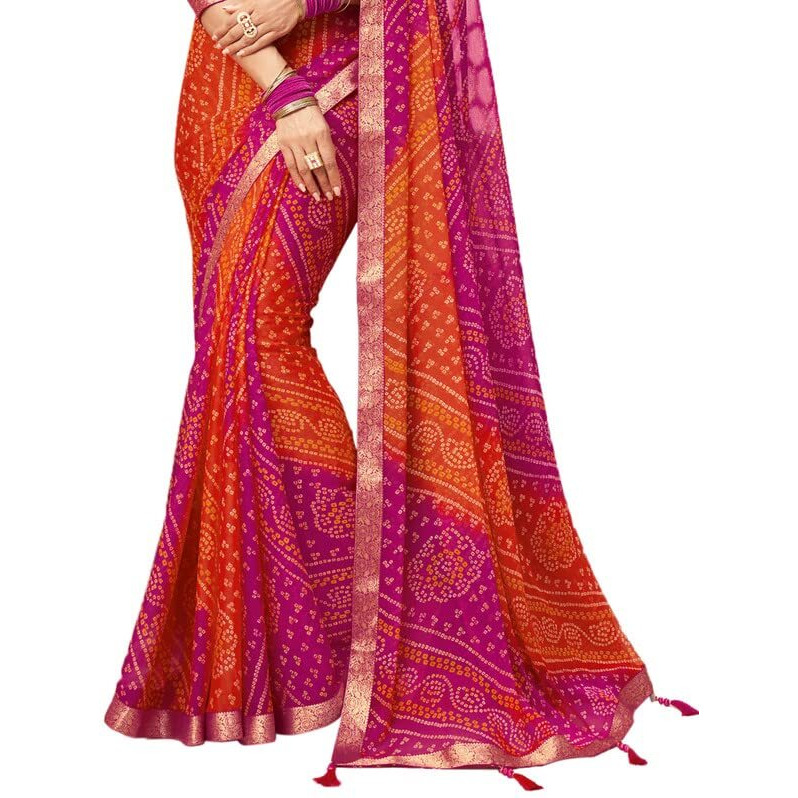 SIRIL Womens Bandhani Printed Chiffon Saree with Blouse(2612S2078_Pink & Orange)