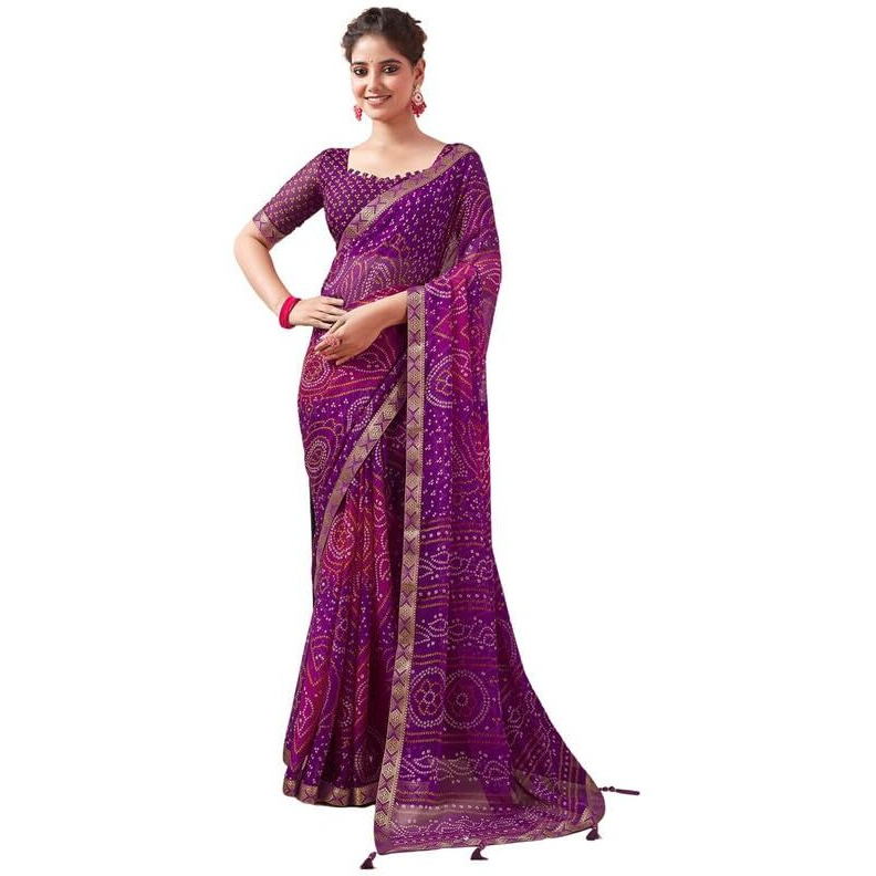 SIRIL Womens Chiffon Bandhani Printed Saree With Unstitched Blouse Piece (3728S2630_Purple)