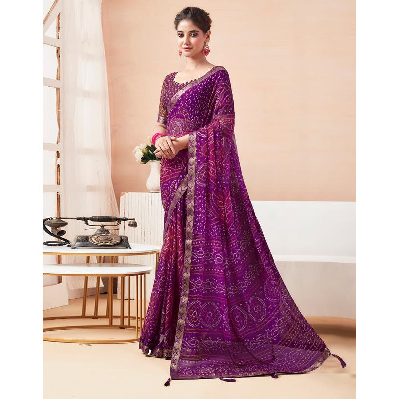 SIRIL Womens Chiffon Bandhani Printed Saree With Unstitched Blouse Piece (3728S2630_Purple)