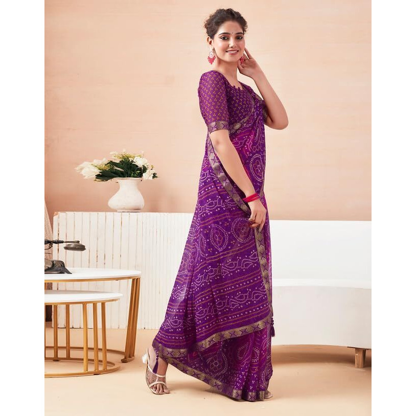 SIRIL Womens Chiffon Bandhani Printed Saree With Unstitched Blouse Piece (3728S2630_Purple)