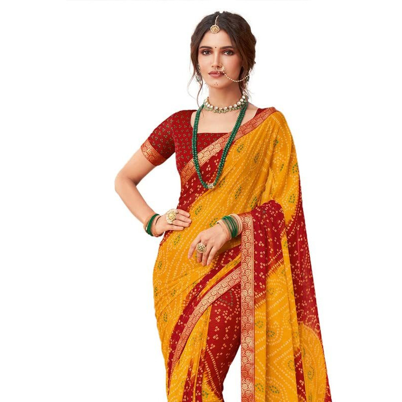 SIRIL Womens Bandhani Printed Chiffon Saree with Blouse(2612S2064_Yellow & Red)