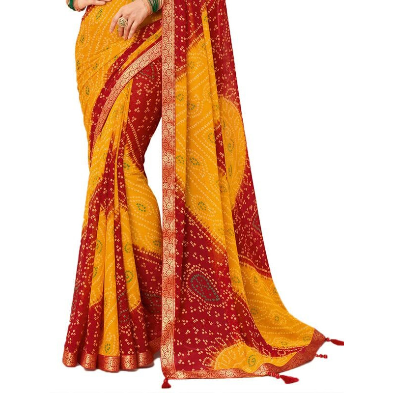 SIRIL Womens Bandhani Printed Chiffon Saree with Blouse(2612S2064_Yellow & Red)