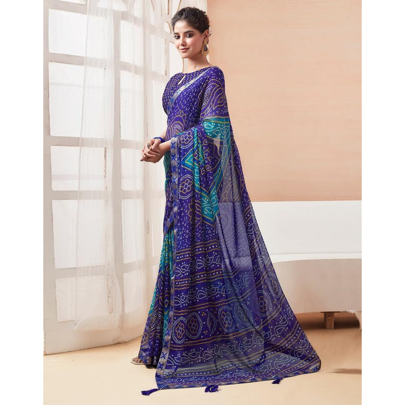 SIRIL Womens Chiffon Bandhani Printed Saree With Unstitched Blouse Piece (3728S2629_Dark Blue)