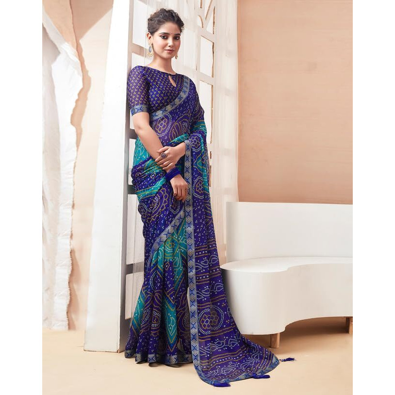 SIRIL Womens Chiffon Bandhani Printed Saree With Unstitched Blouse Piece (3728S2629_Dark Blue)