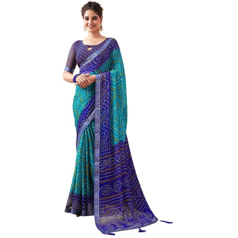 SIRIL Womens Chiffon Bandhani Printed Saree With Unstitched Blouse Piece (3728S2632_Dark Blue & Light Blue)