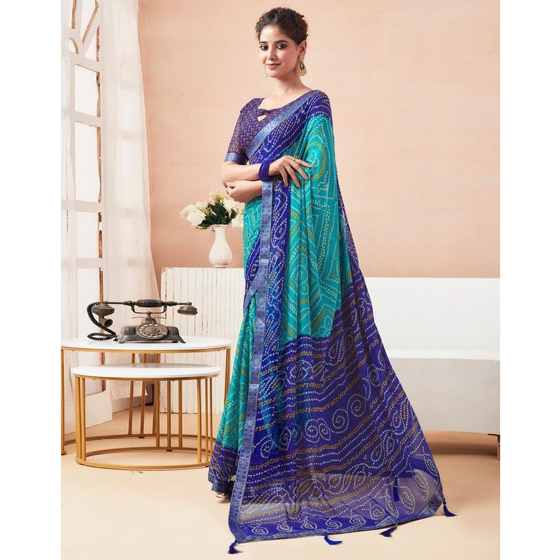 SIRIL Womens Chiffon Bandhani Printed Saree With Unstitched Blouse Piece (3728S2632_Dark Blue & Light Blue)