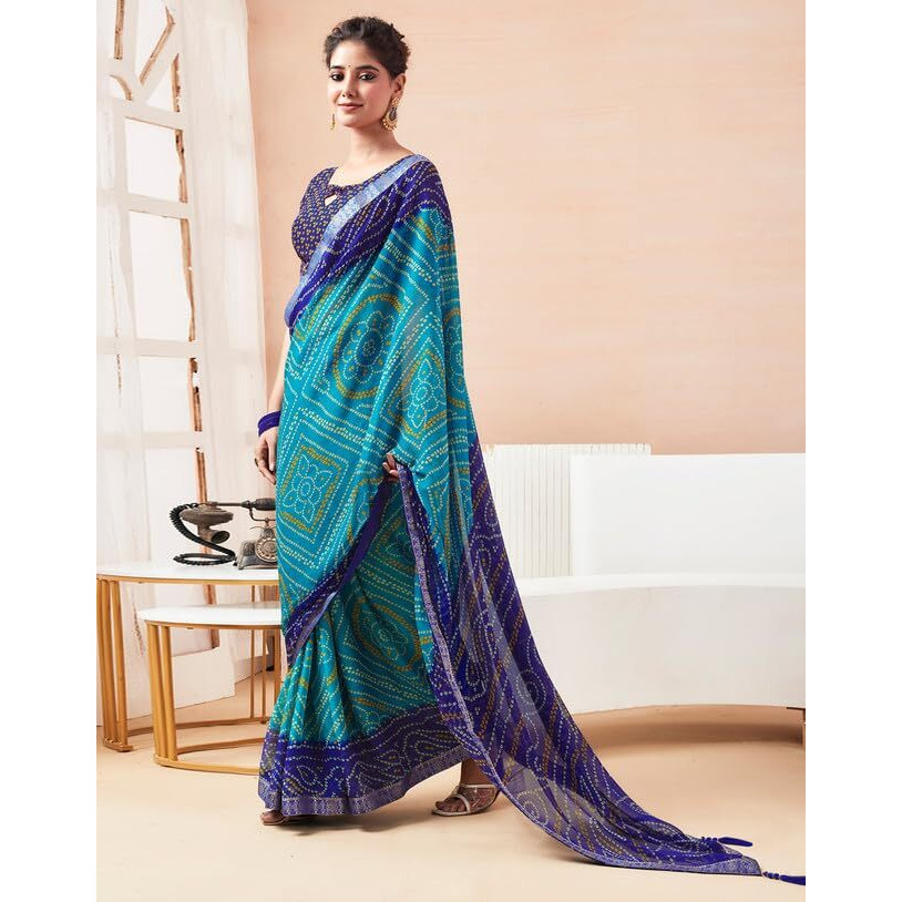 SIRIL Womens Chiffon Bandhani Printed Saree With Unstitched Blouse Piece (3728S2632_Dark Blue & Light Blue)