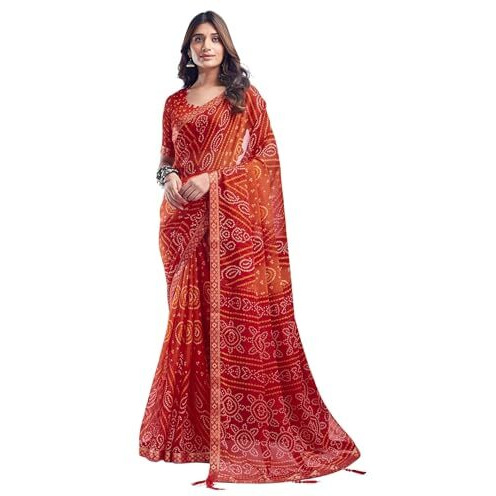 SIRIL Womens Chiffon Bandhani Printed Saree With Unstitched Blouse Piece (3728S2621_Red & Orange)