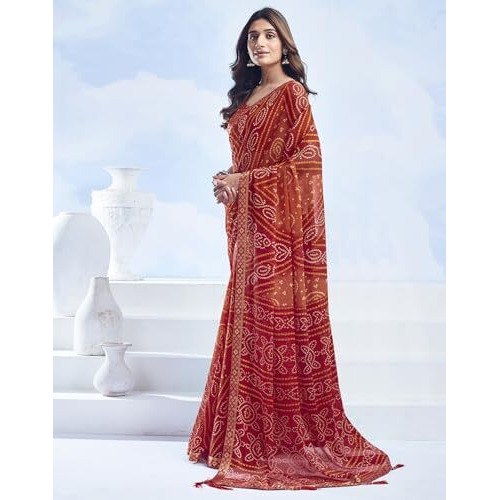 SIRIL Womens Chiffon Bandhani Printed Saree With Unstitched Blouse Piece (3728S2621_Red & Orange)