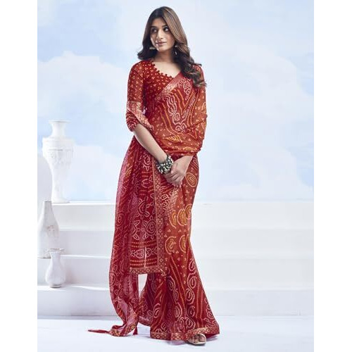 SIRIL Womens Chiffon Bandhani Printed Saree With Unstitched Blouse Piece (3728S2621_Red & Orange)