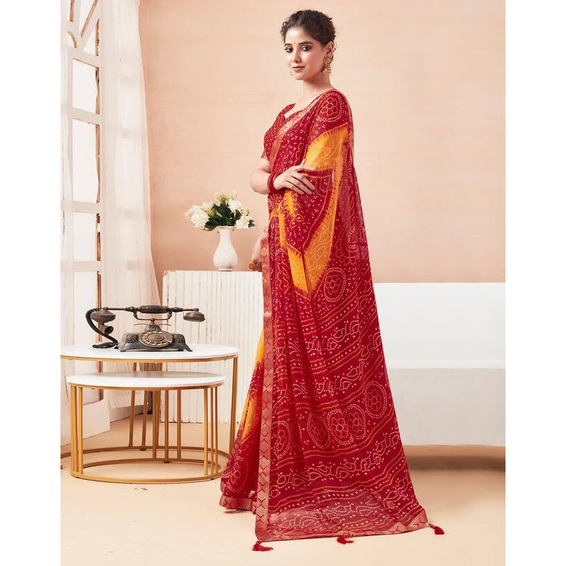 SIRIL Womens Chiffon Bandhani Printed Saree With Unstitched Blouse Piece (3728S2631_Red & Yellow)