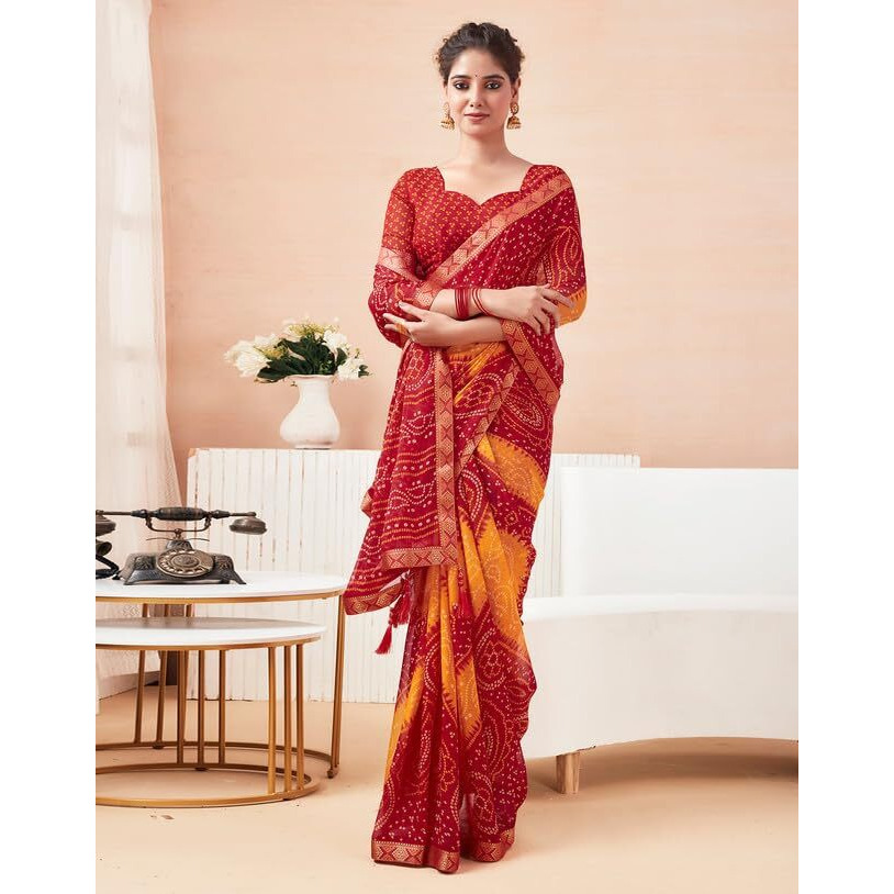 SIRIL Womens Chiffon Bandhani Printed Saree With Unstitched Blouse Piece (3728S2631_Red & Yellow)