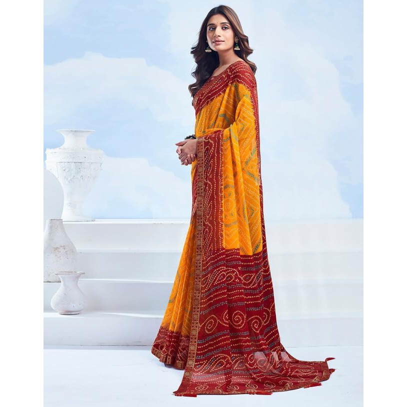 SIRIL Womens Chiffon Bandhani Printed Saree With Unstitched Blouse Piece (3728S2625_Yellow & Maroon)