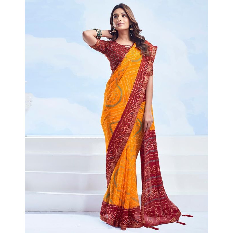 SIRIL Womens Chiffon Bandhani Printed Saree With Unstitched Blouse Piece (3728S2625_Yellow & Maroon)