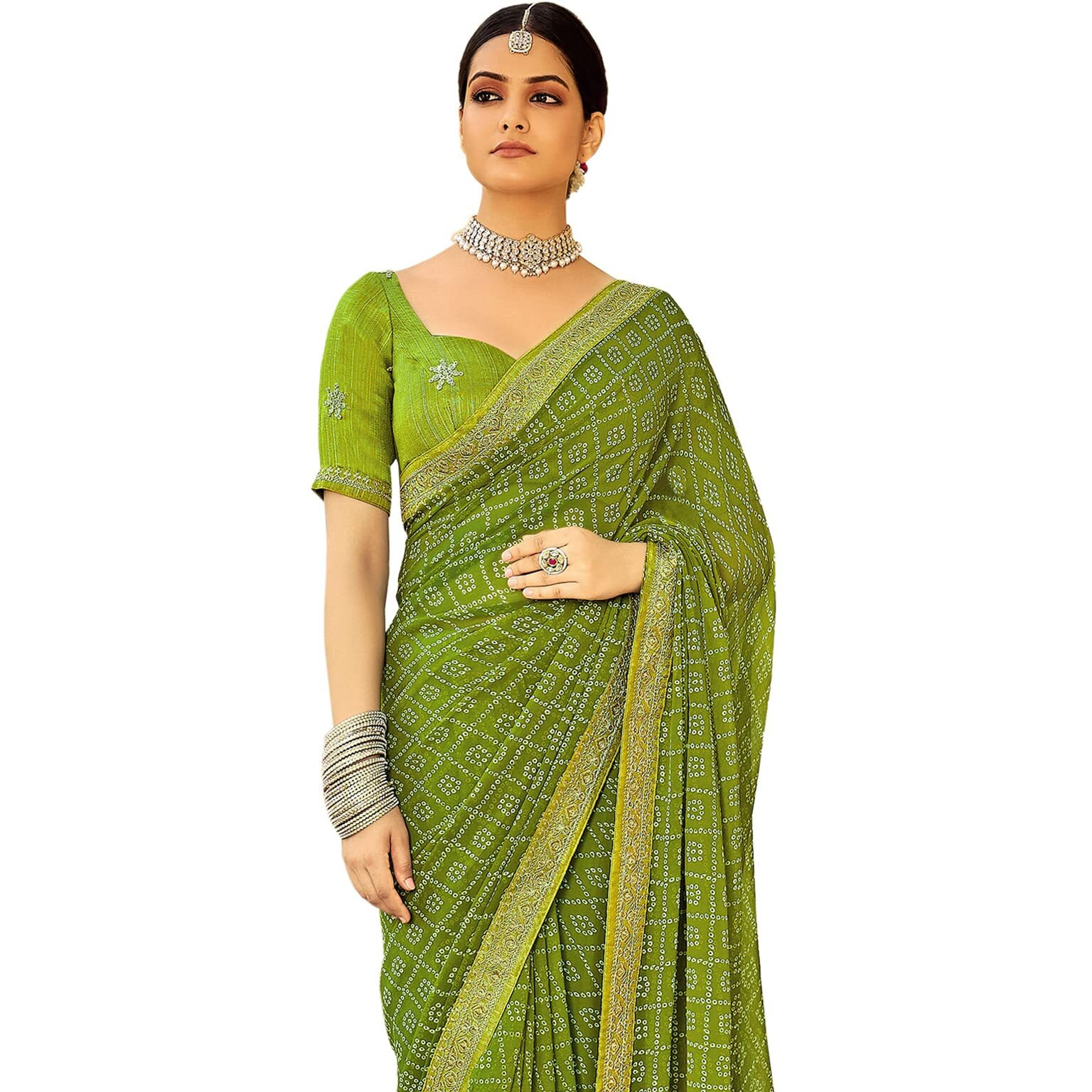 SIRIL Womens Bandhani Printed & Embroidery Work In Lace Georgette Saree with Unstitched Blouse Piece(2302S134_Olive Green)