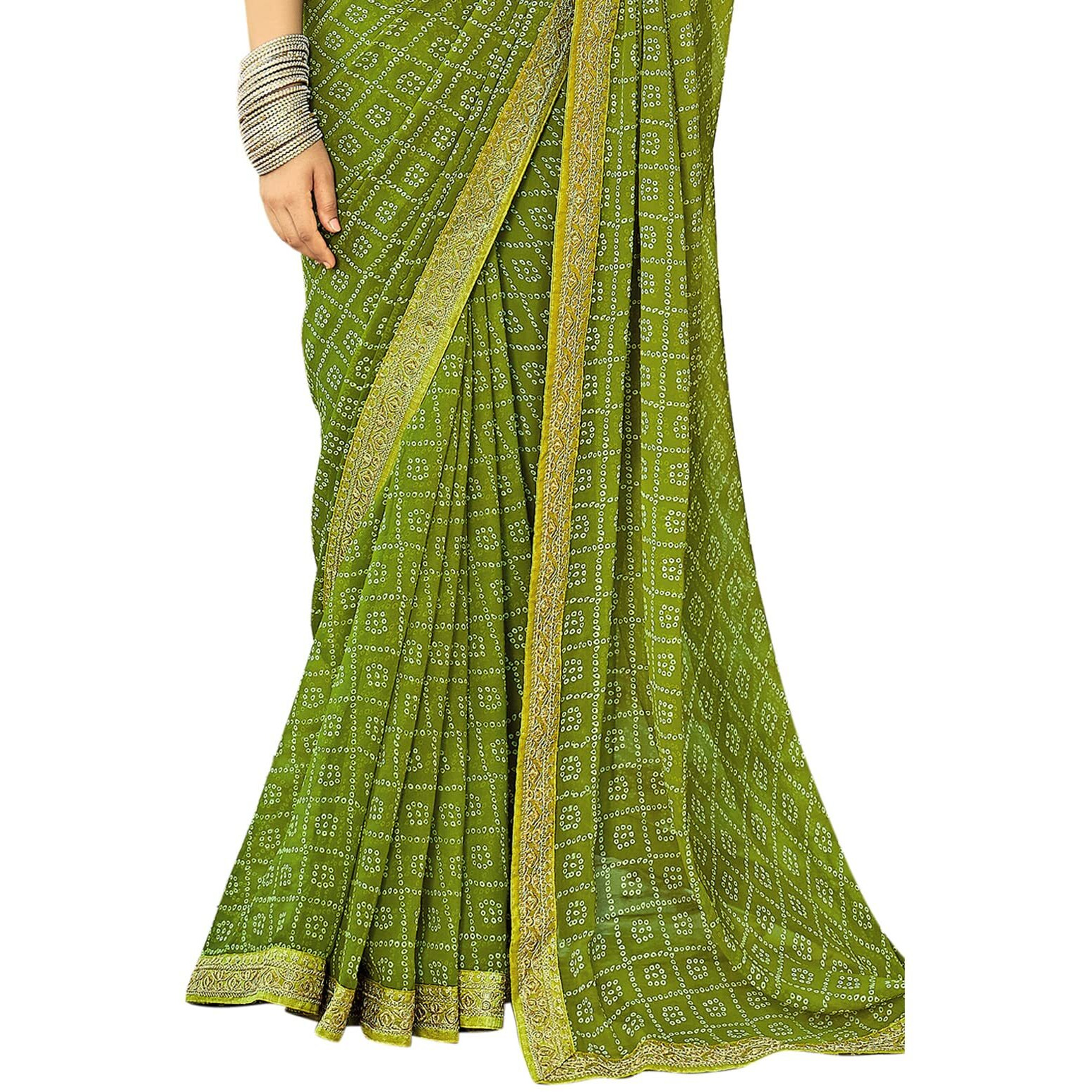 SIRIL Womens Bandhani Printed & Embroidery Work In Lace Georgette Saree with Unstitched Blouse Piece(2302S134_Olive Green)