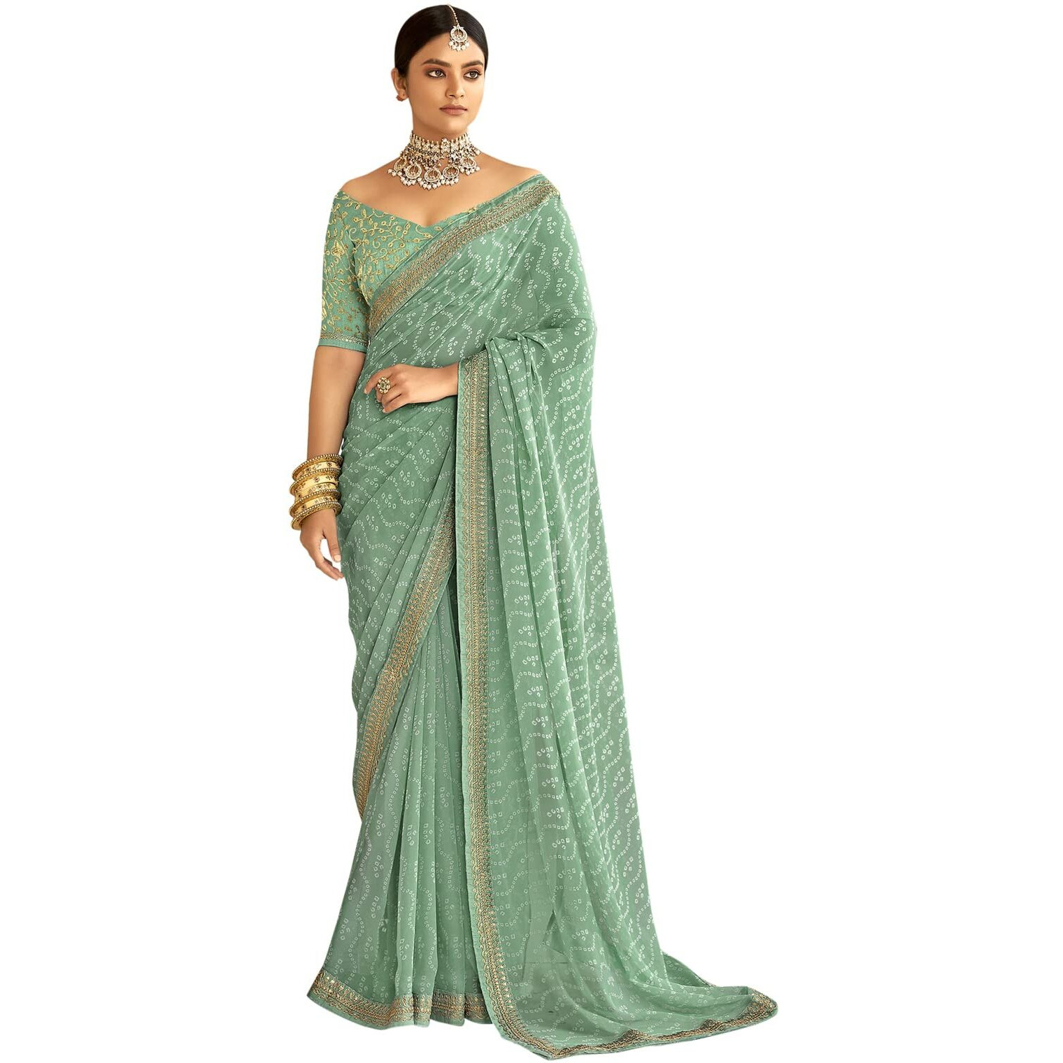 SIRIL Womens Bandhani Printed & Embroidery Work In Lace Georgette Saree with Unstitched Blouse Piece(2302S131_Mint Green)