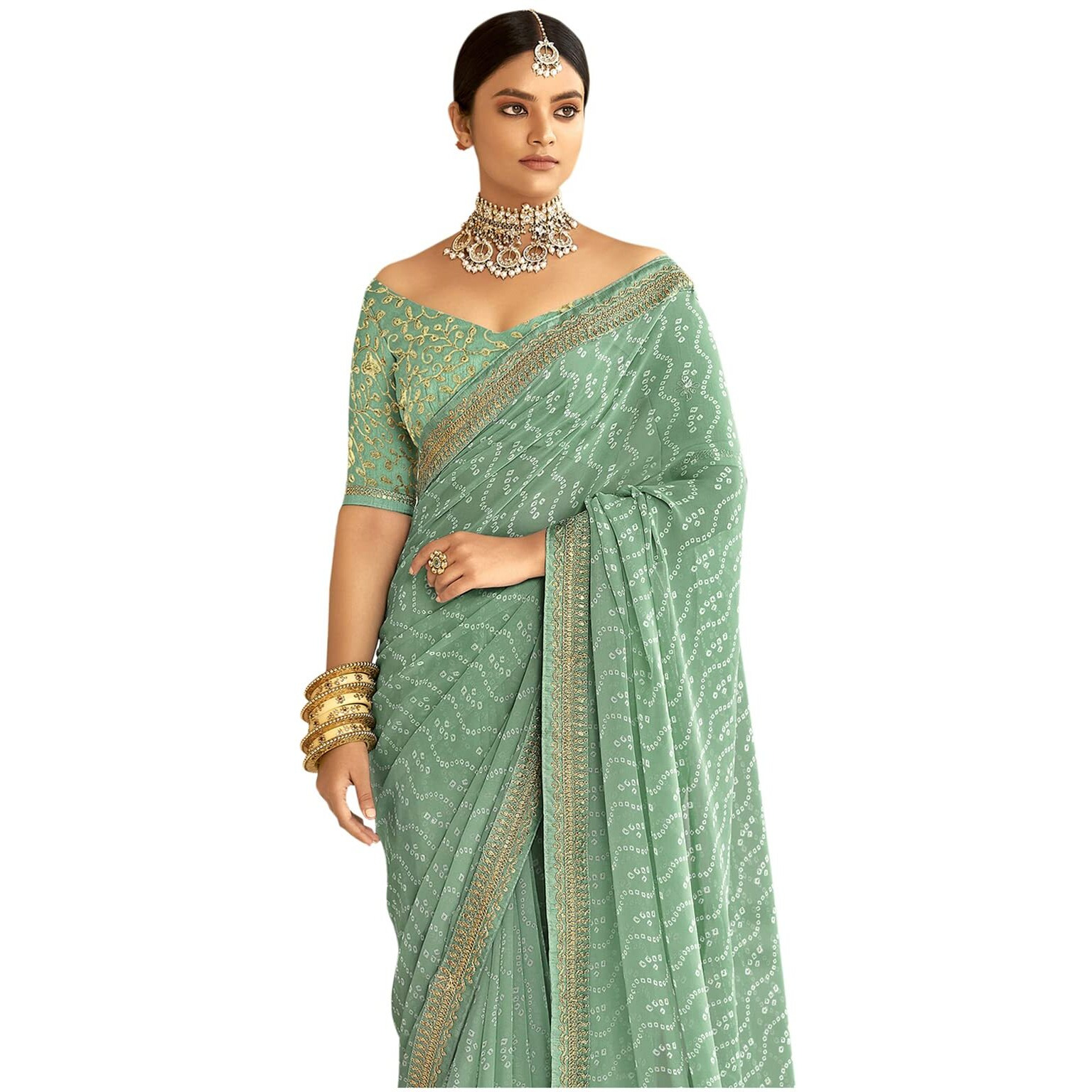 SIRIL Womens Bandhani Printed & Embroidery Work In Lace Georgette Saree with Unstitched Blouse Piece(2302S131_Mint Green)