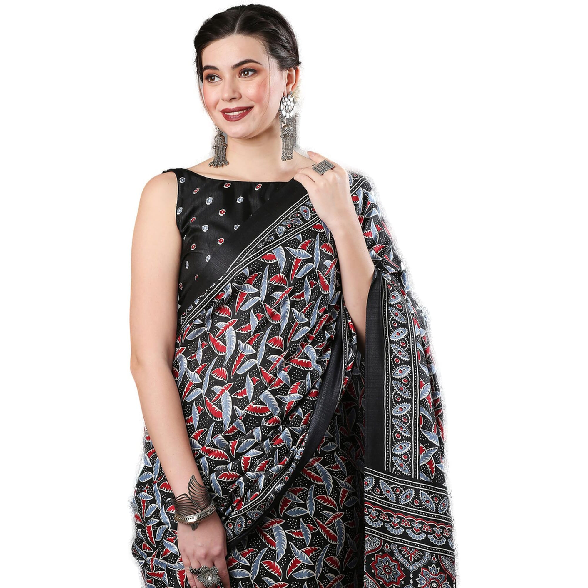 AKHILAM Womens Ajrak Block Print Dola Silk Saree With Unstitched Blouse Piece (Black_KUMRN205)