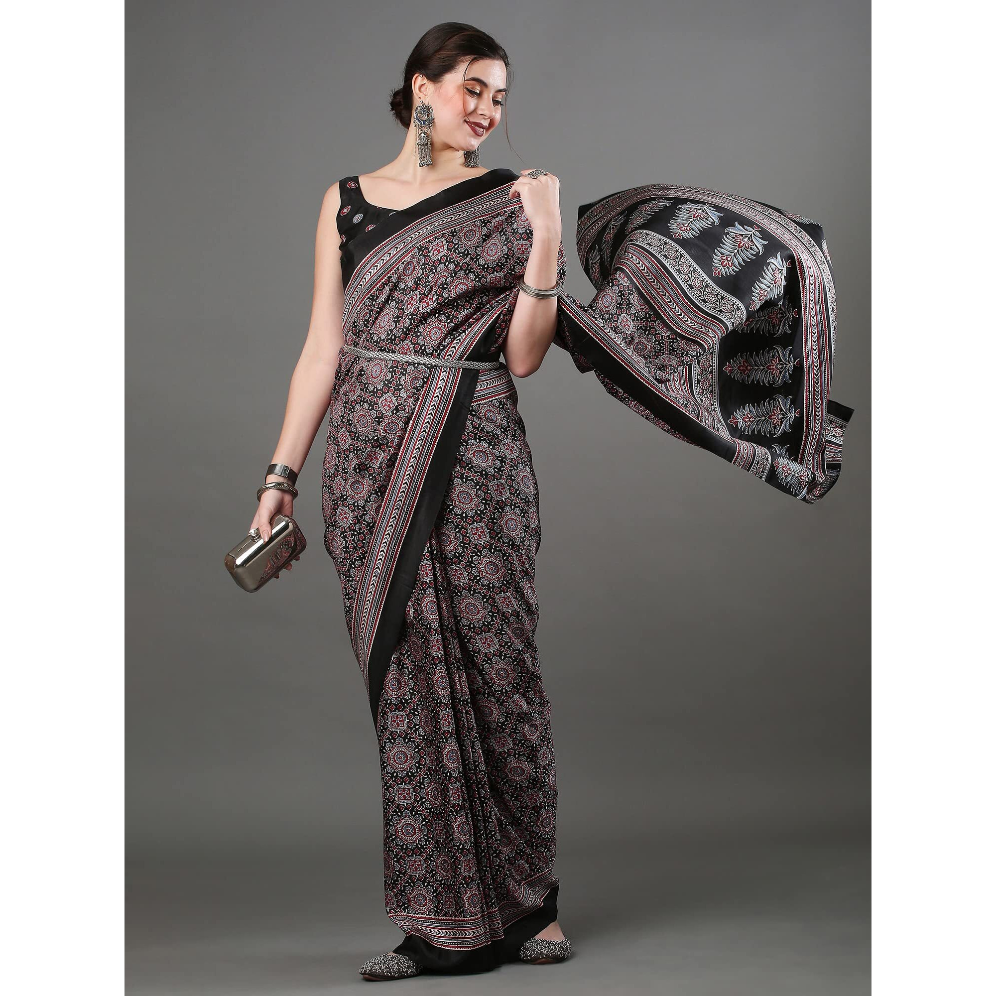 AKHILAM Womens Ajrak Block Print Dola Silk Saree With Unstitched Blouse Piece (Black_KUMRN204)