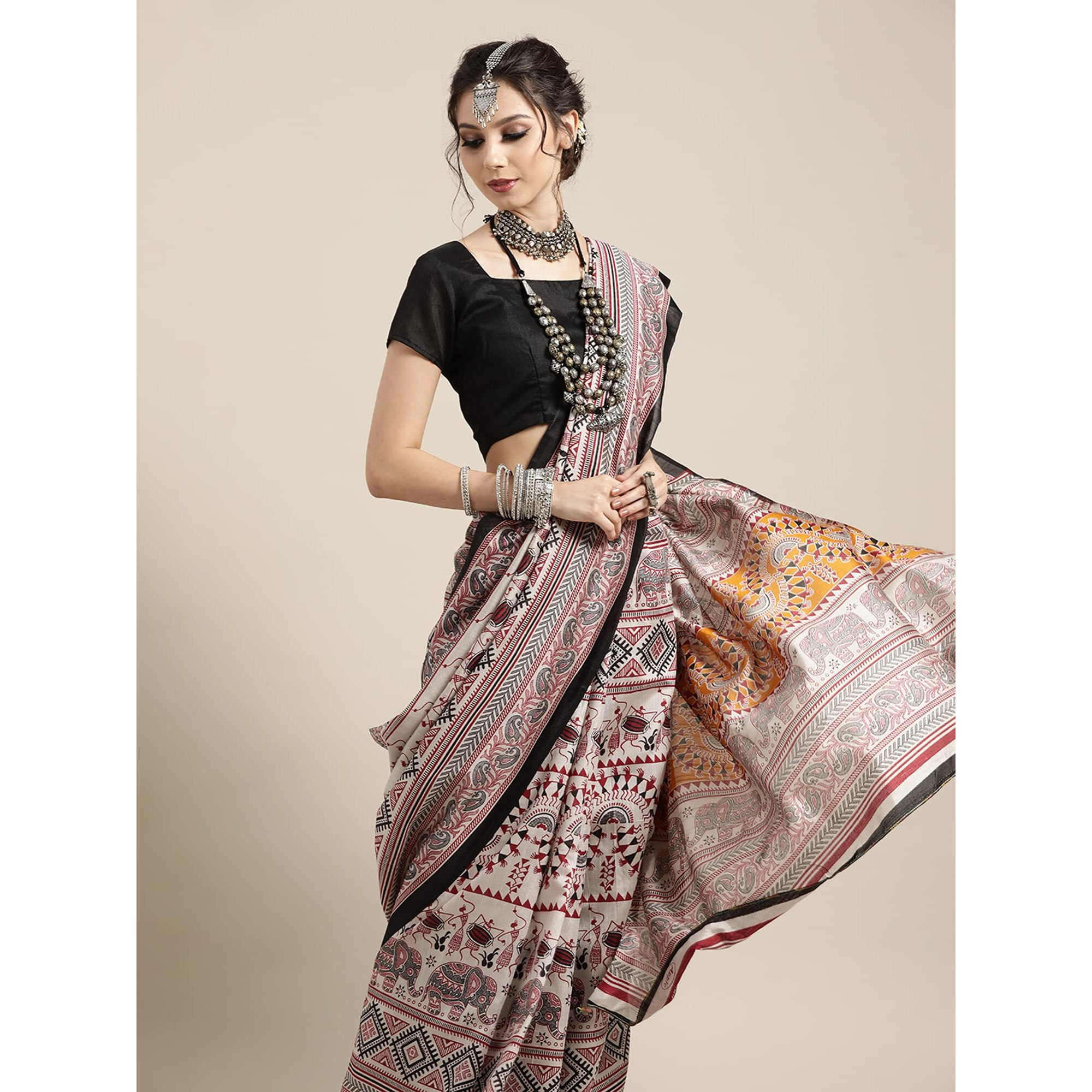 AKHILAM Women Warli Print Bhagalpuri Silk Saree With Unstitched Blouse Piece (Grey_Ff017Wom17909)