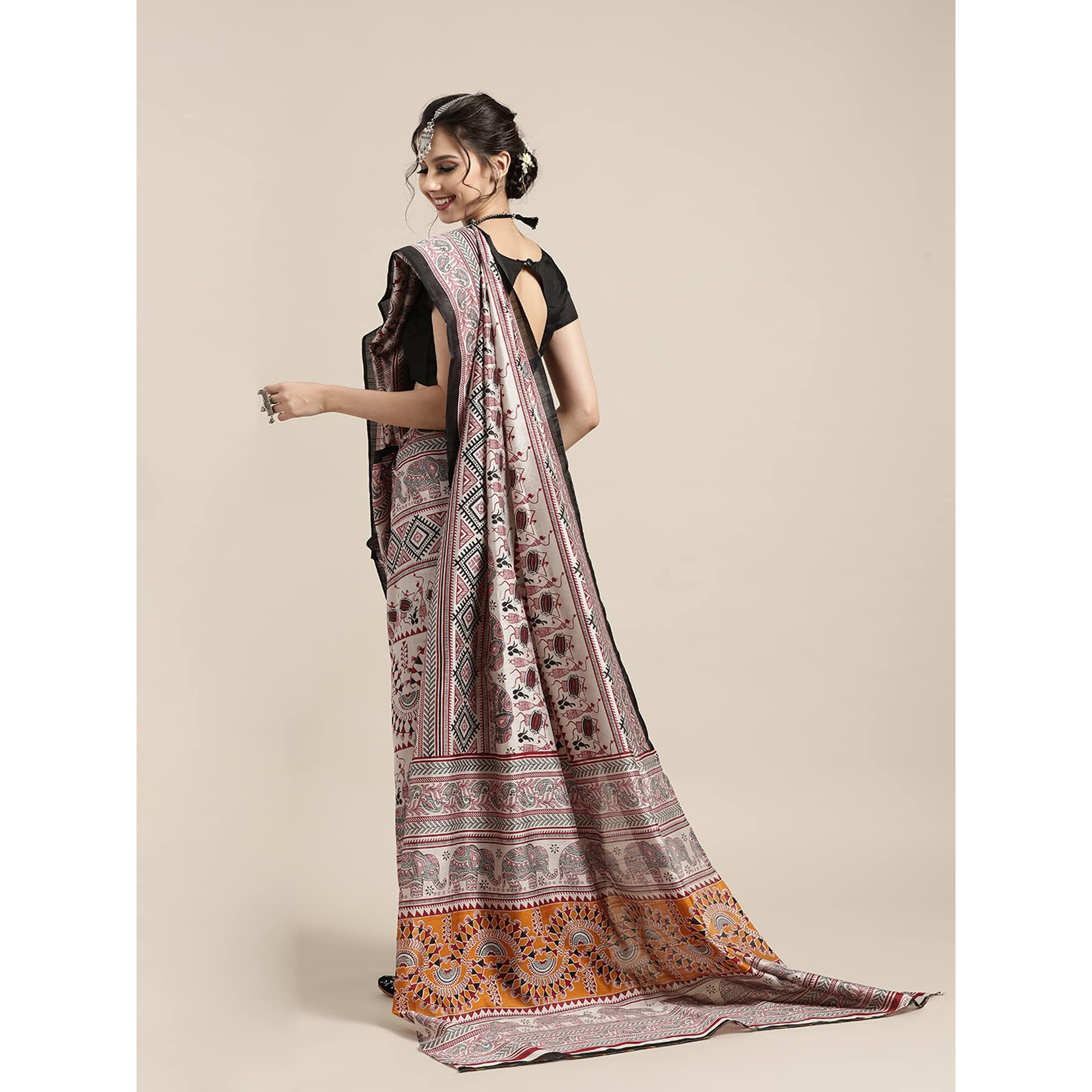 AKHILAM Women Warli Print Bhagalpuri Silk Saree With Unstitched Blouse Piece (Grey_Ff017Wom17909)