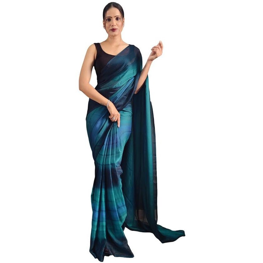 Satrani Womens Georgette Printed & Ready To Wear Saree with Unstitched Blouse Piece (3374S362NA_Blue &Dark Blue &Navy Blue3)