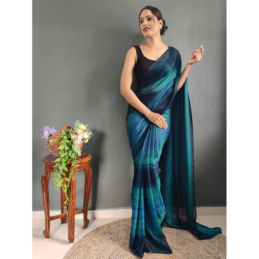 Satrani Womens Georgette Printed & Ready To Wear Saree with Unstitched Blouse Piece (3374S362NA_Blue &Dark Blue &Navy Blue3)