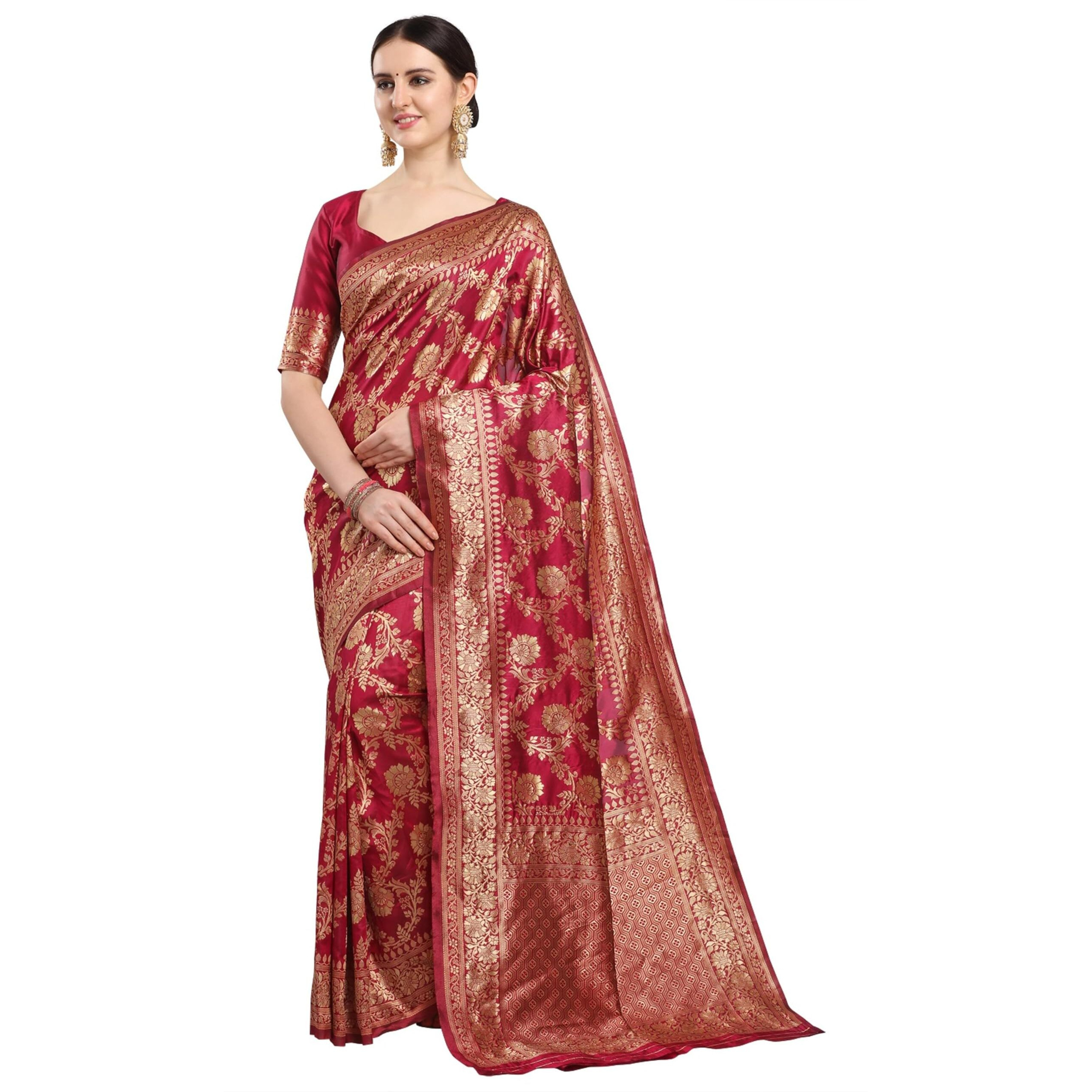 EthnicJunction Womens Banarasi Silk Blend Saree with Blouse Piece (EJ6008-1009-Banarasi-Bale-Cherry Maroon_Red, Maroon)