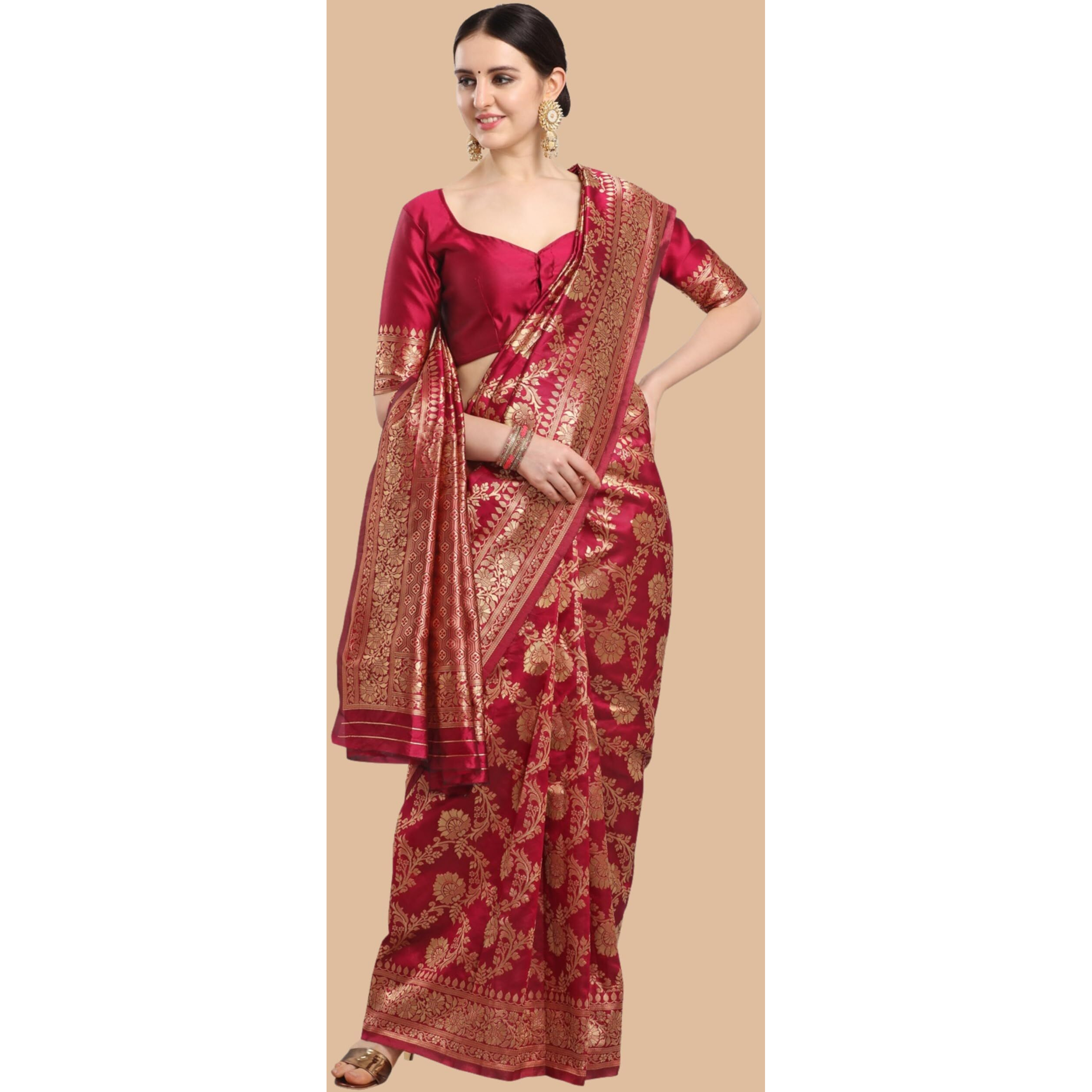 EthnicJunction Womens Banarasi Silk Blend Saree with Blouse Piece (EJ6008-1009-Banarasi-Bale-Cherry Maroon_Red, Maroon)