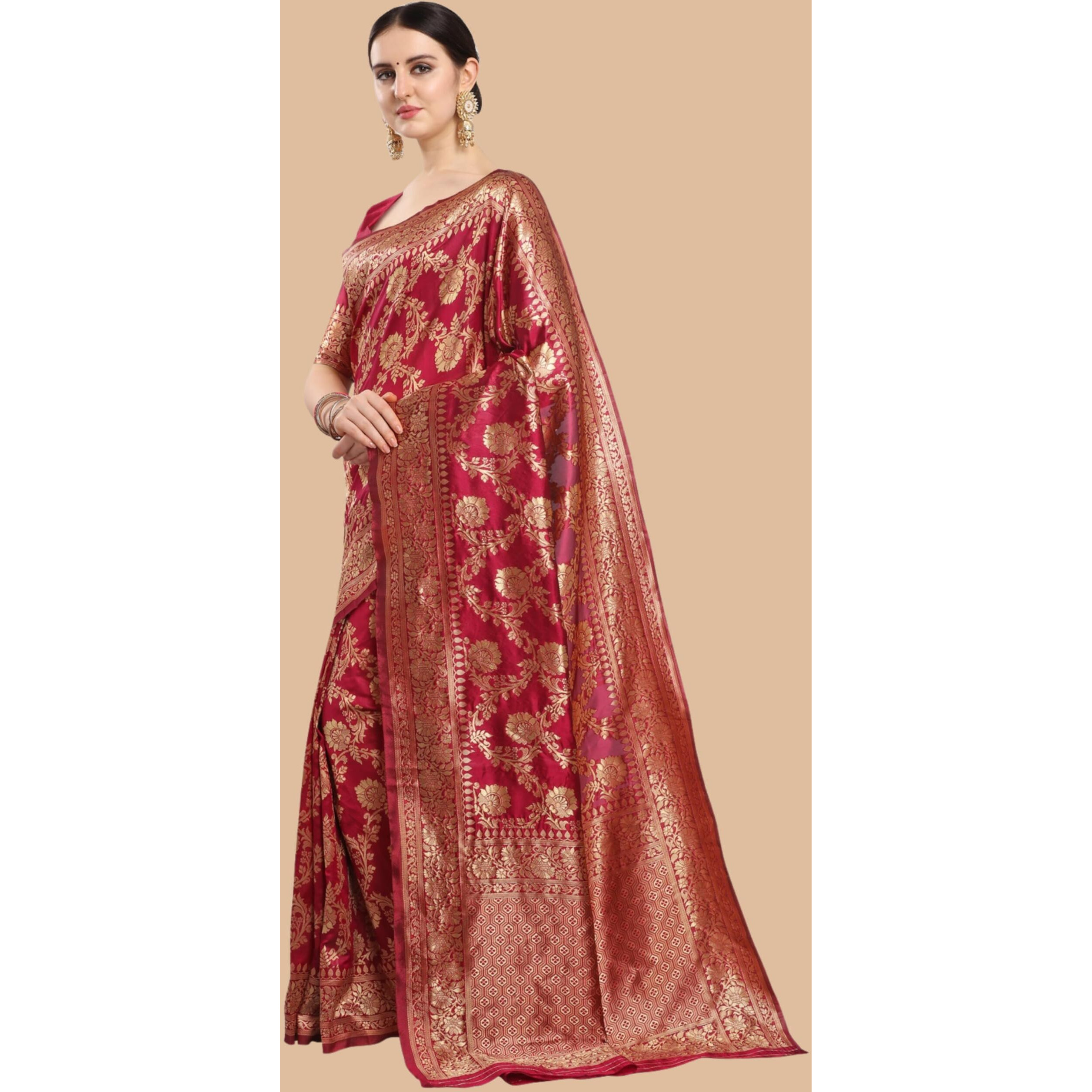 EthnicJunction Womens Banarasi Silk Blend Saree with Blouse Piece (EJ6008-1009-Banarasi-Bale-Cherry Maroon_Red, Maroon)