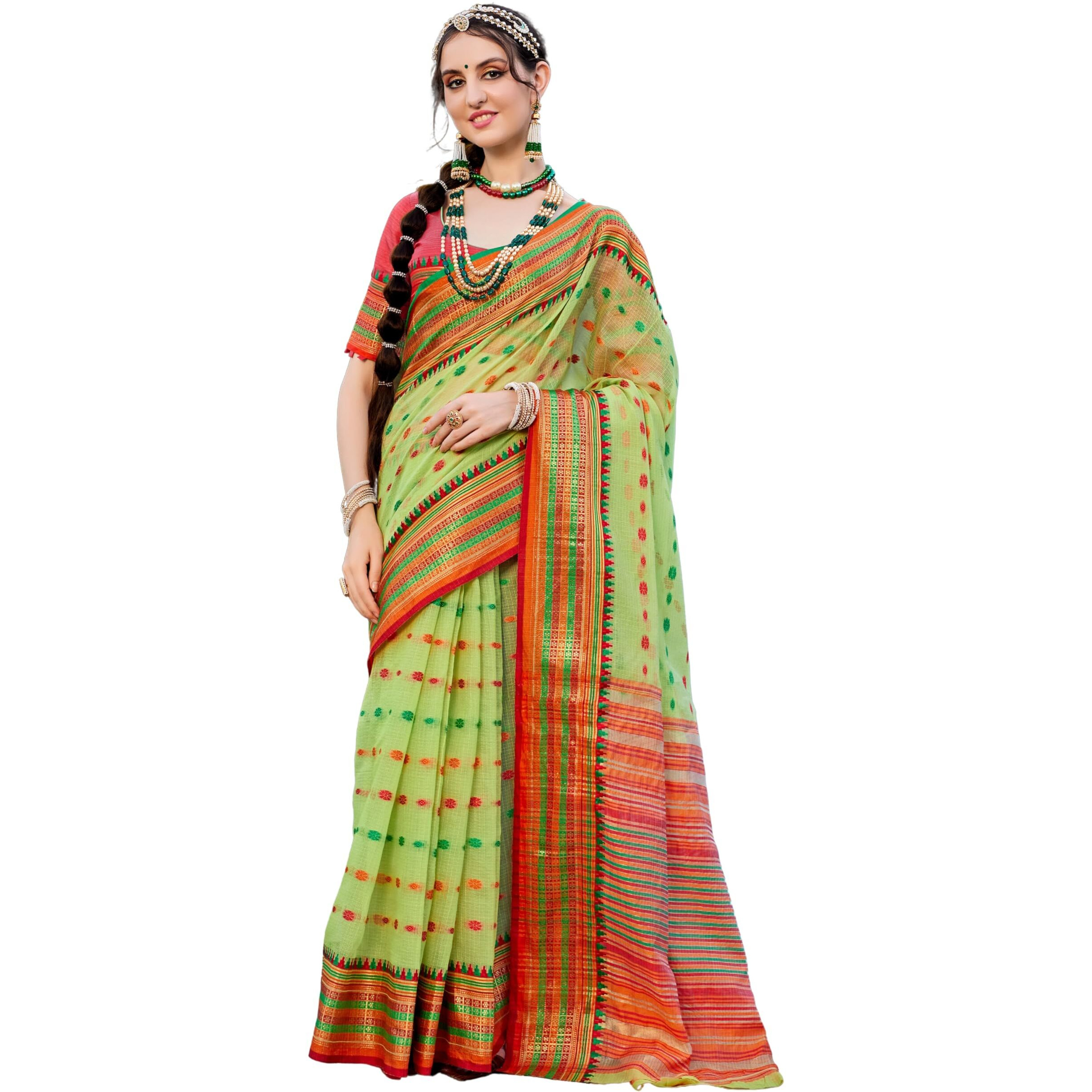 EthnicJunction Womens Kota Doria Cotton Saree With Saree With Blouse Piece (EJ7102-Fullara-Green_Green)