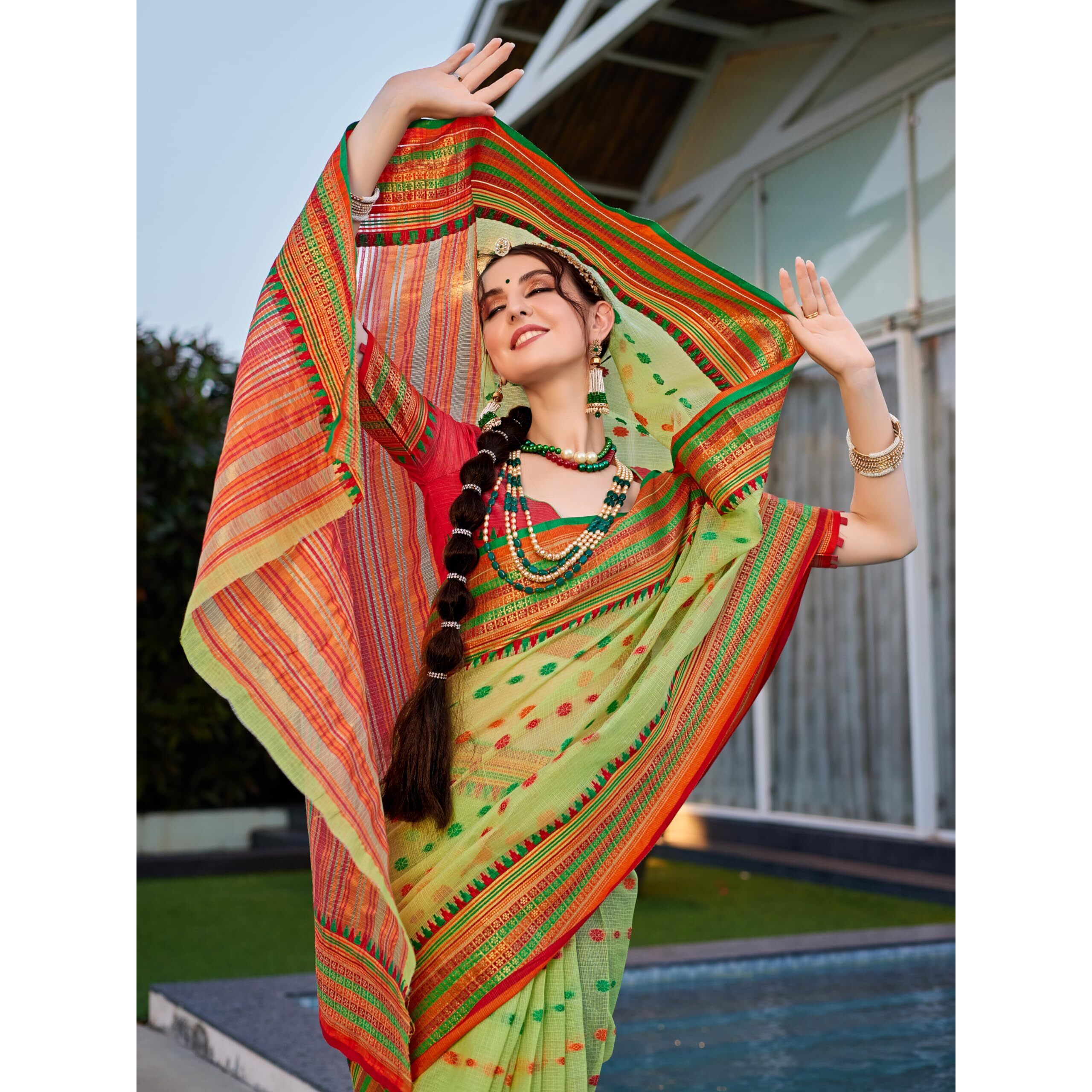 EthnicJunction Womens Kota Doria Cotton Saree With Saree With Blouse Piece (EJ7102-Fullara-Green_Green)