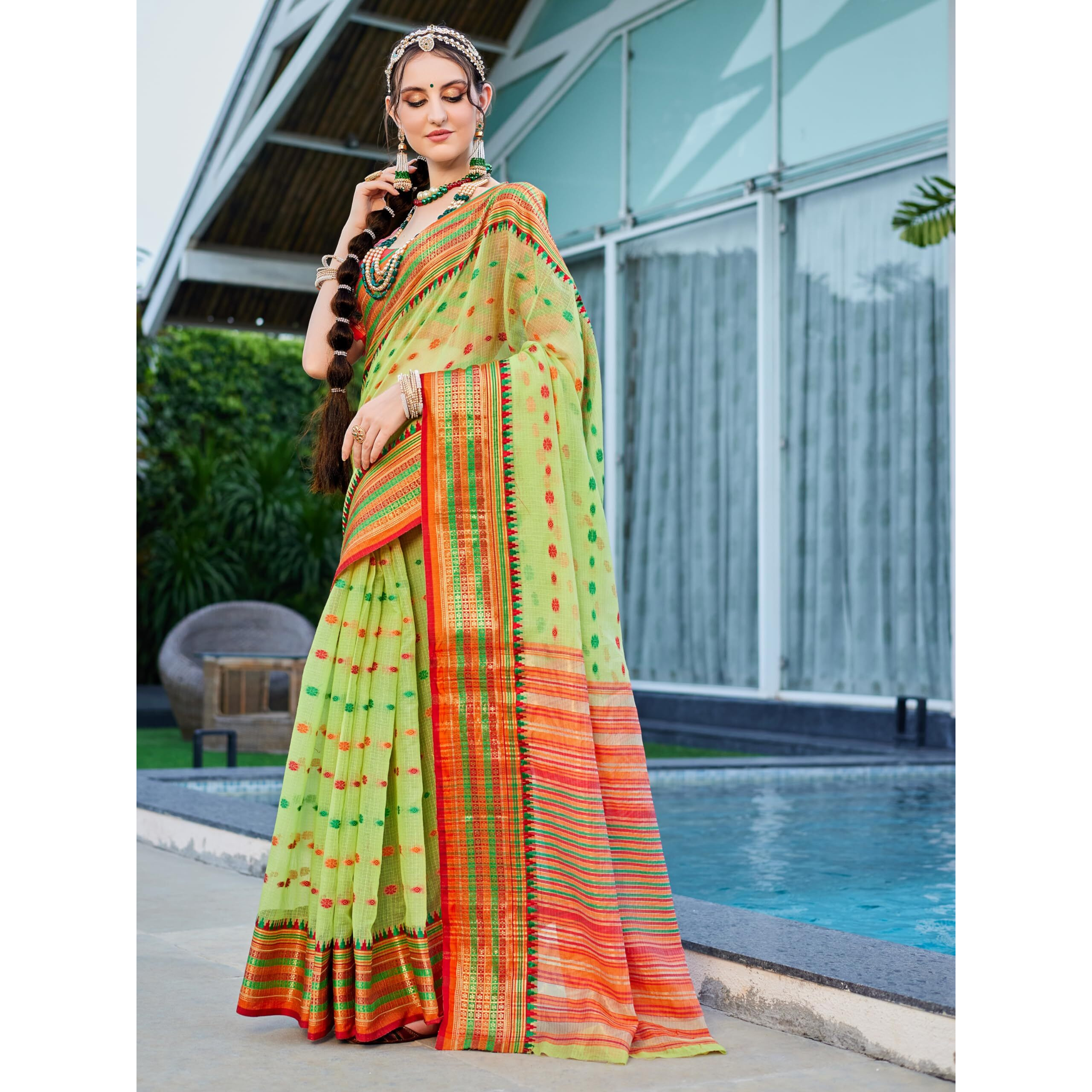 EthnicJunction Womens Kota Doria Cotton Saree With Saree With Blouse Piece (EJ7102-Fullara-Green_Green)