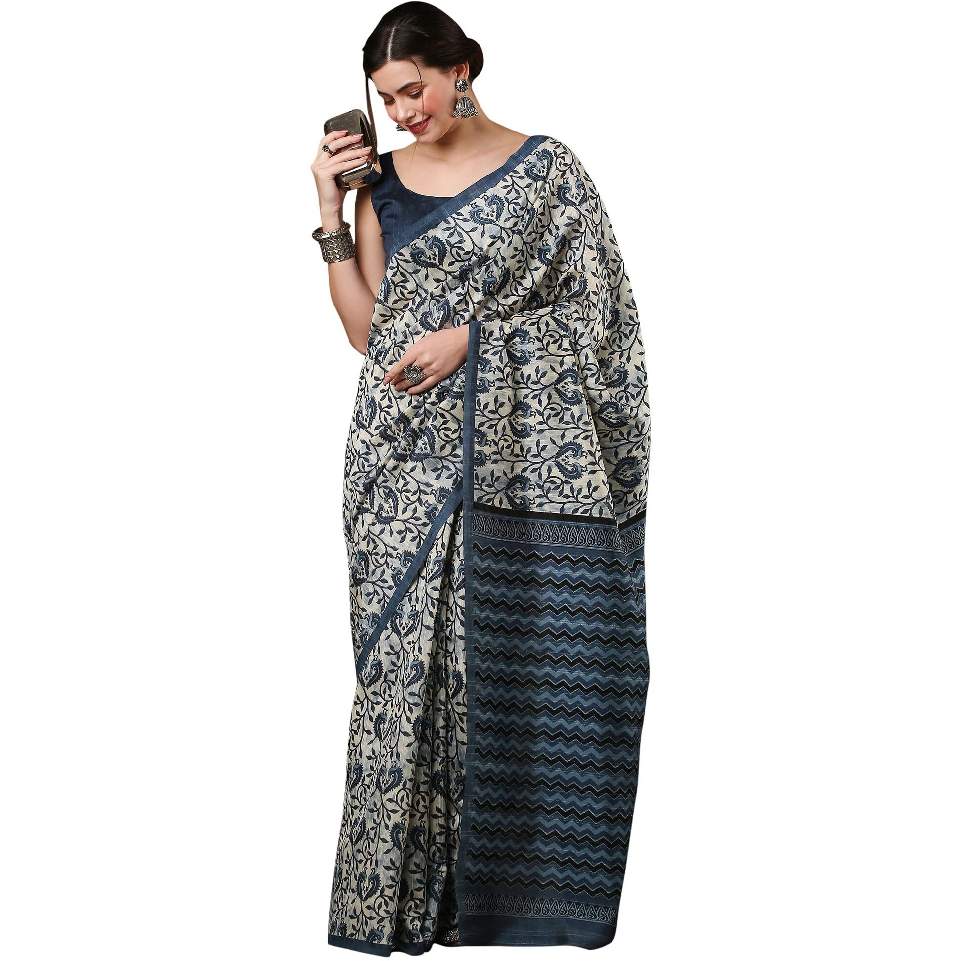 AKHILAM Womens Printed Bhagalpuri Silk Solid Saree With Unstitched Blouse Piece (Off White 21WOM21908)