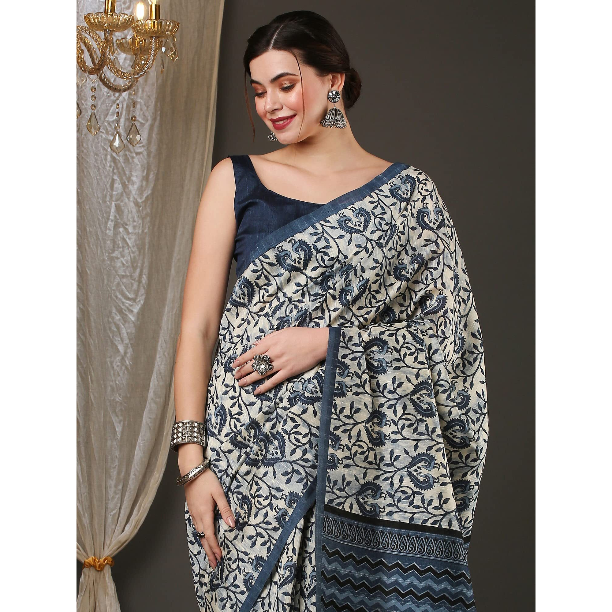 AKHILAM Womens Printed Bhagalpuri Silk Solid Saree With Unstitched Blouse Piece (Off White 21WOM21908)