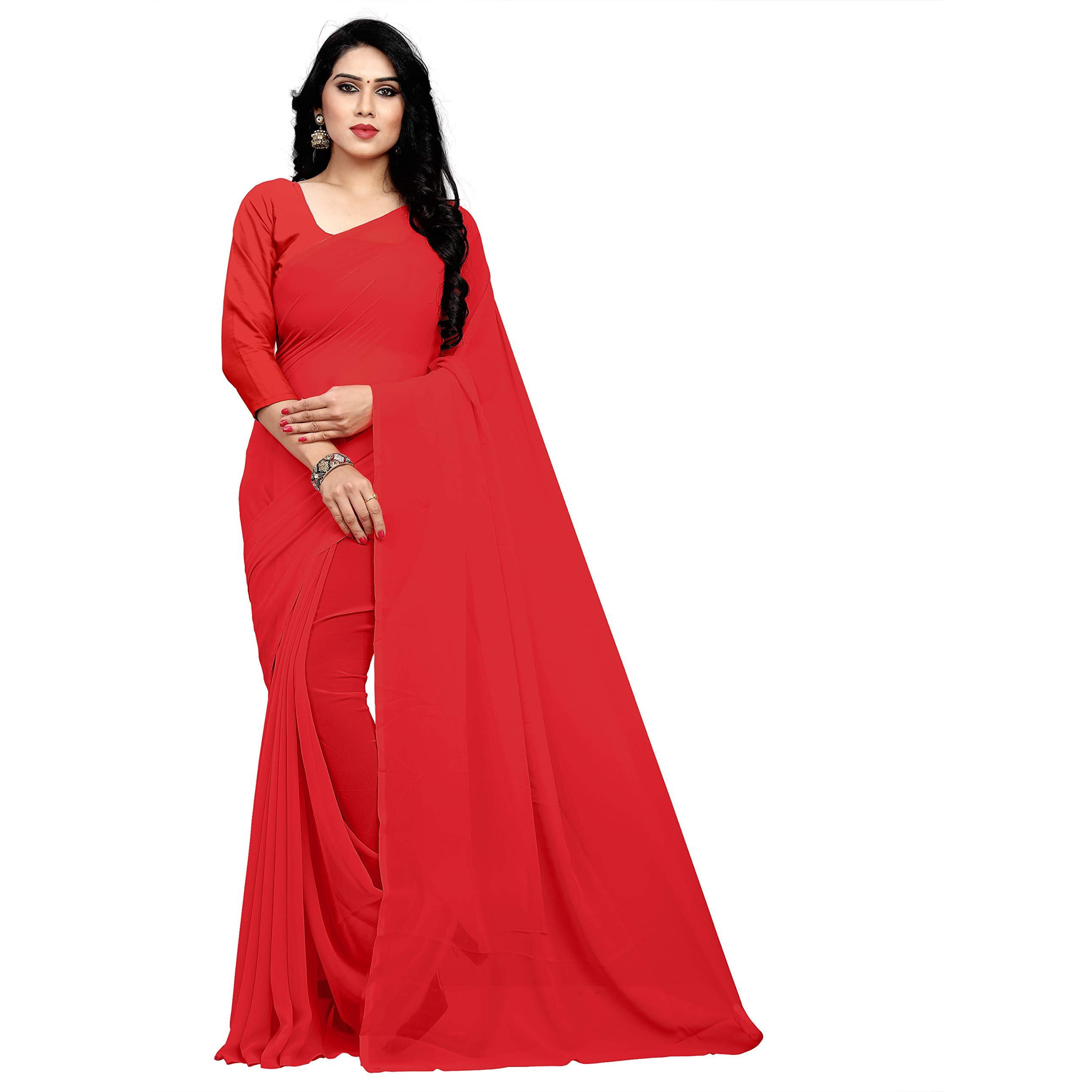 Sidhidata Textile Womens Georgette Saree With Unstitched Blouse Piece (Red)