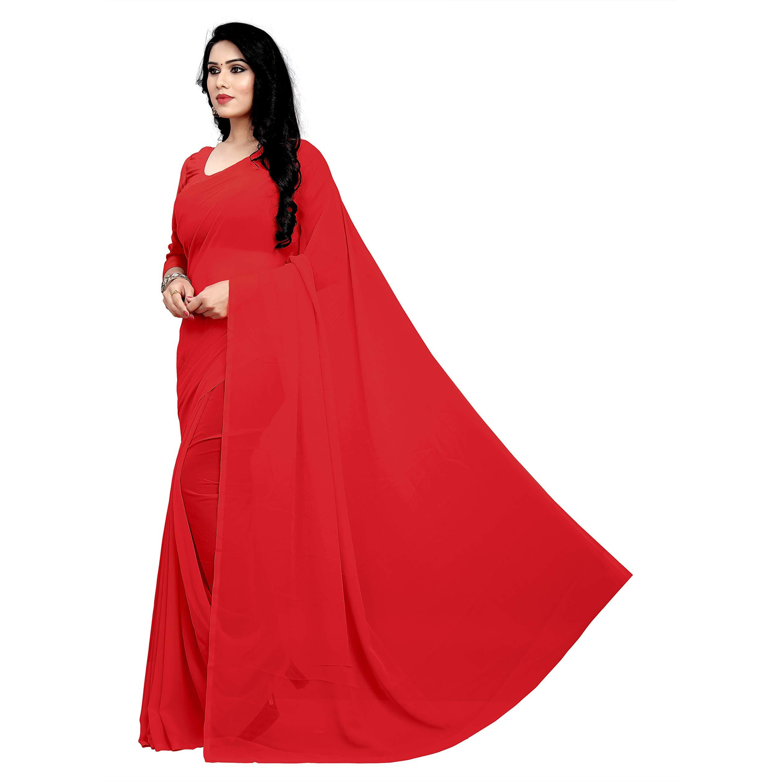 Sidhidata Textile Womens Georgette Saree With Unstitched Blouse Piece (Red)