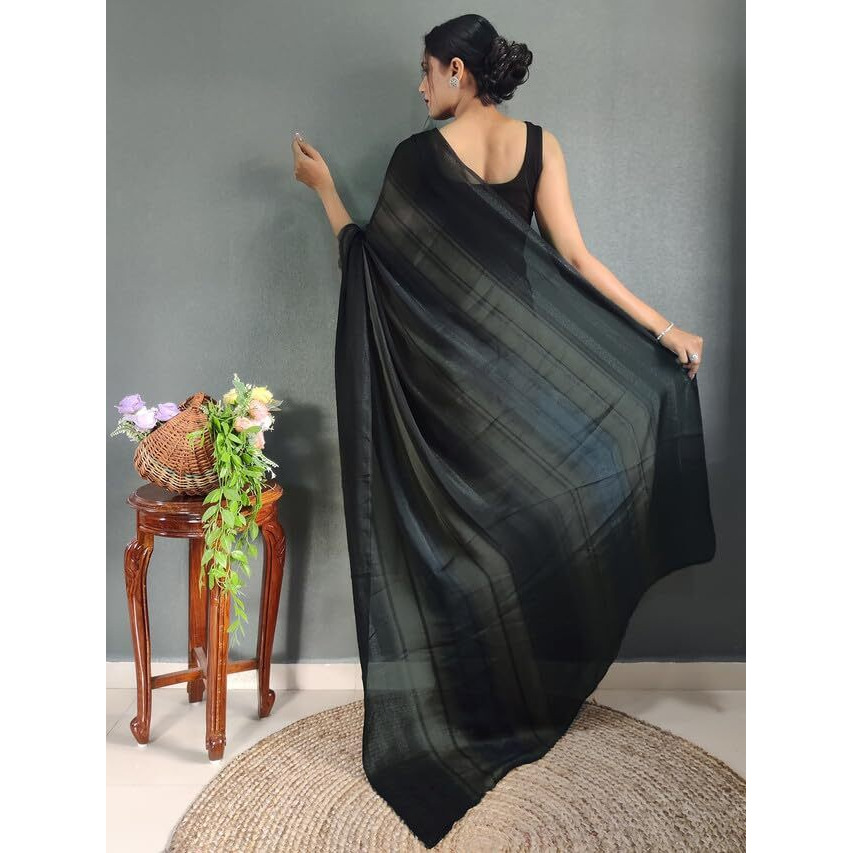 Satrani Womens Georgette Printed & Ready To Wear Saree with Unstitched Blouse Piece (3374S364NA_Baige &Sea Blue &Black3)