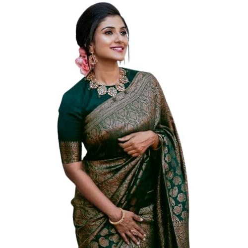 Flosive Womens Present Banarasi Soft Lichi Silk Saree Beautiful Jacquard Rich Pallu Design Work Zari Woven Kanjivaram Silk Style Saree With Soft Lichi Silk Blouse Piece (Green)