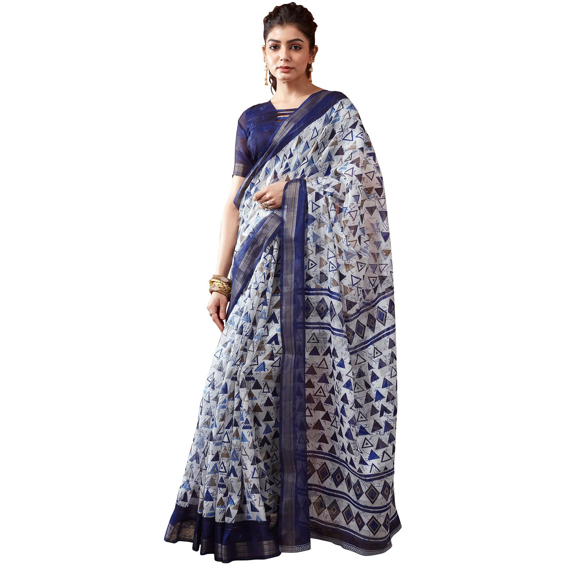 SIRIL Womens Cotton Geometric Printed Saree With Unstitched Blouse Piece (3467S1112_Blue)