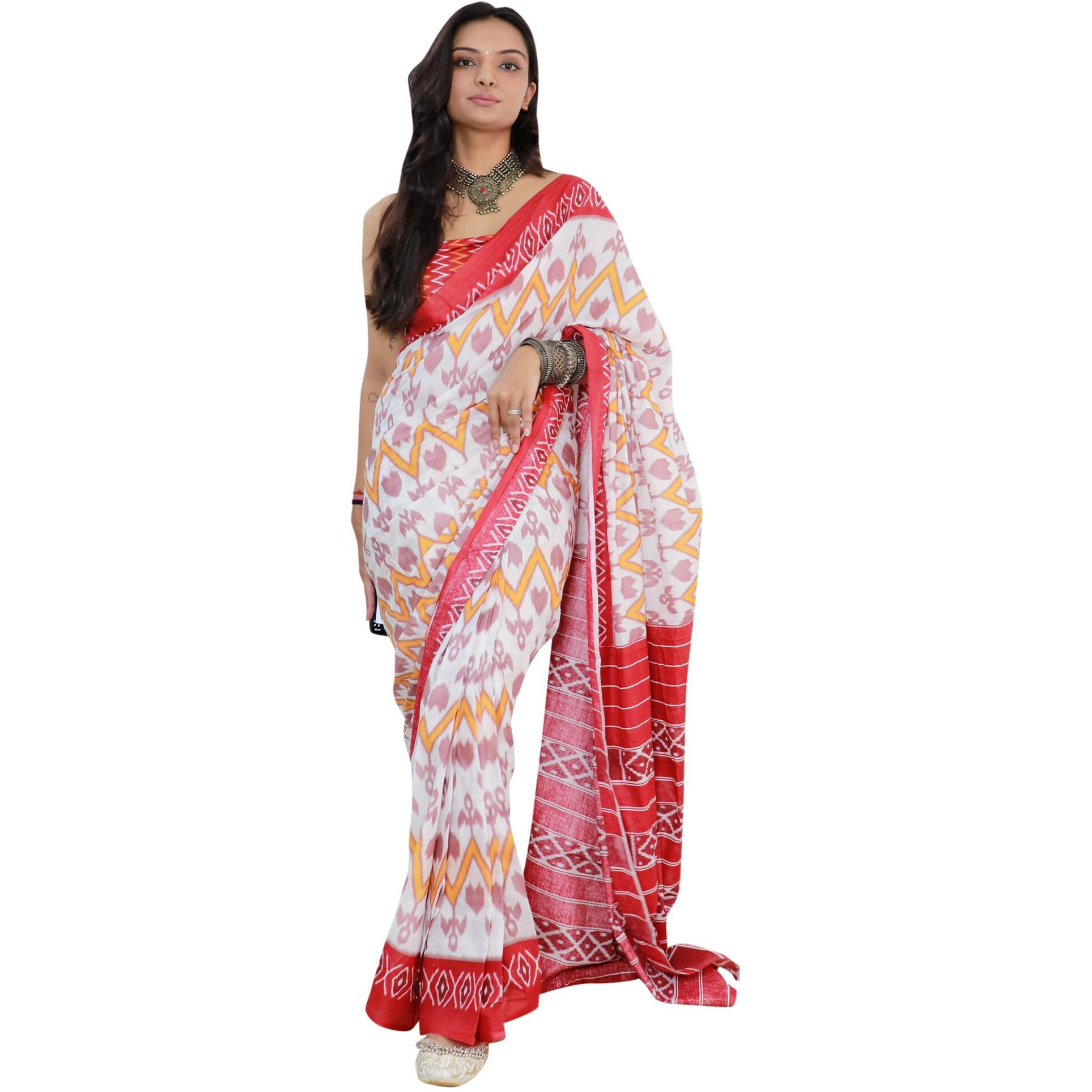 AKHILAM Womens Ikat Printed Pure Cotton Ready To Wear one Minute Saree With Unstitched Blouse Piece (White_RTWMINAXI7009_SMC)