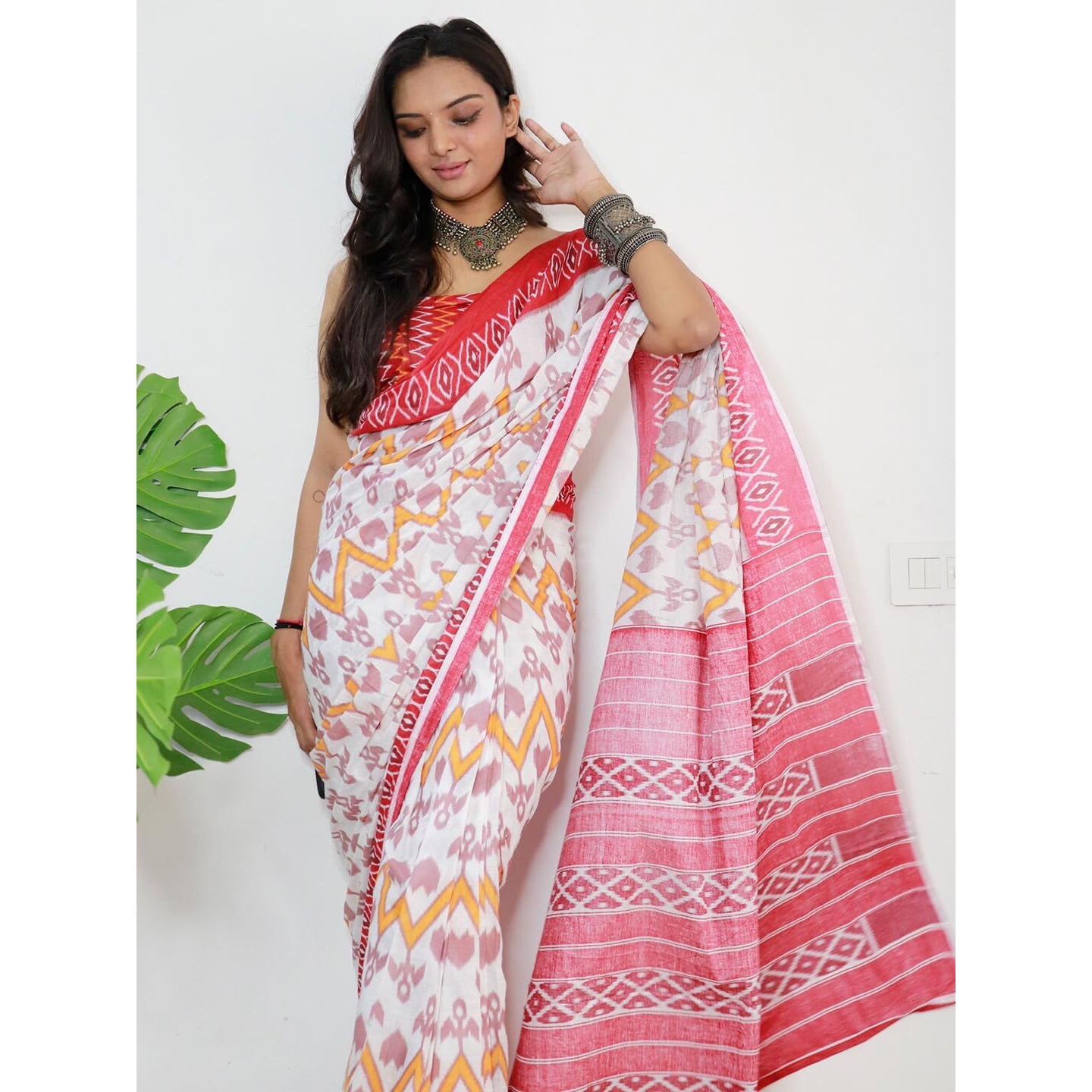 AKHILAM Womens Ikat Printed Pure Cotton Ready To Wear one Minute Saree With Unstitched Blouse Piece (White_RTWMINAXI7009_SMC)