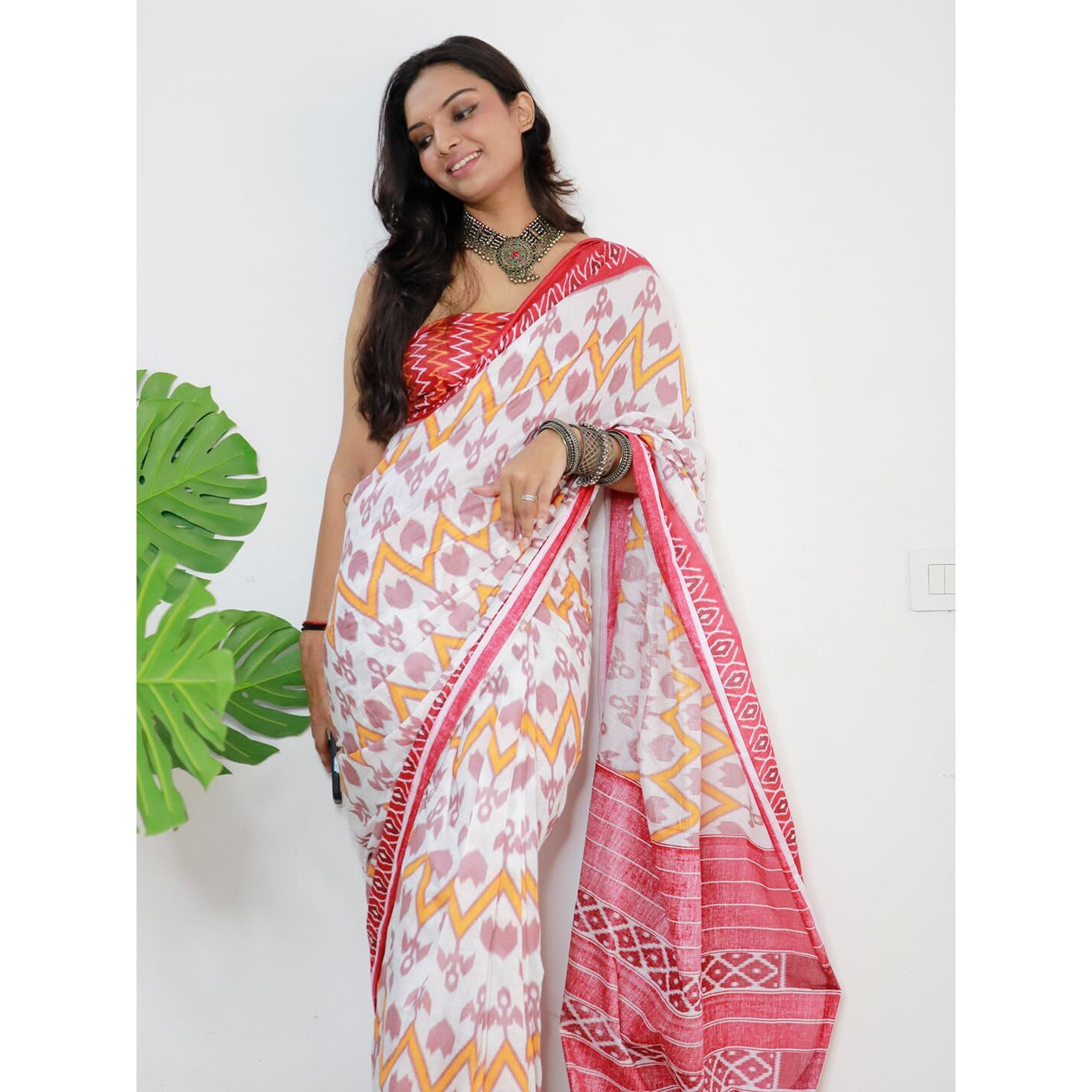 AKHILAM Womens Ikat Printed Pure Cotton Ready To Wear one Minute Saree With Unstitched Blouse Piece (White_RTWMINAXI7009_SMC)