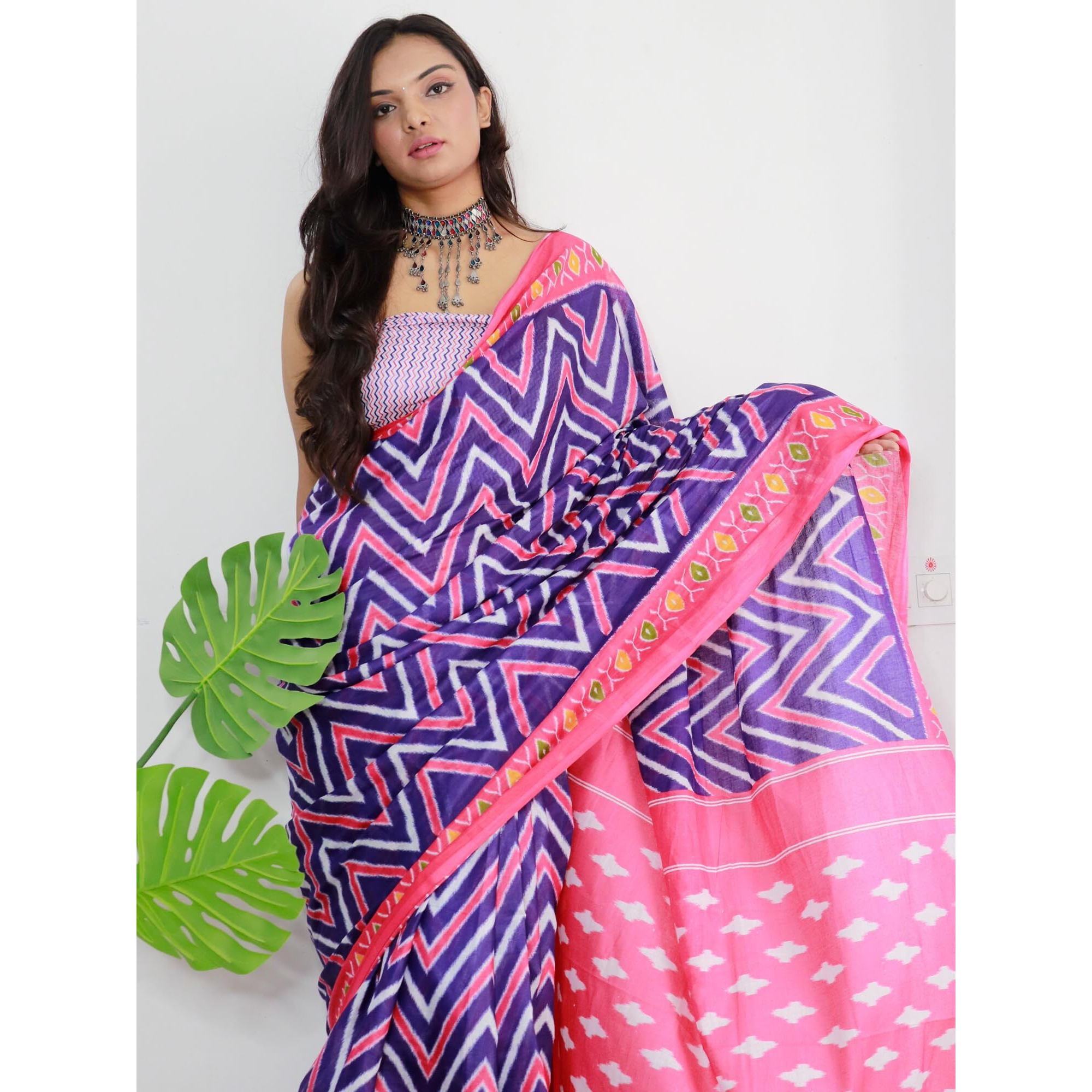 AKHILAM Womens Geometric Printed Pure Cotton Ready To Wear one Minute Saree With Unstitched Blouse Piece (Blue_RTWMINAXI9003_SMC)