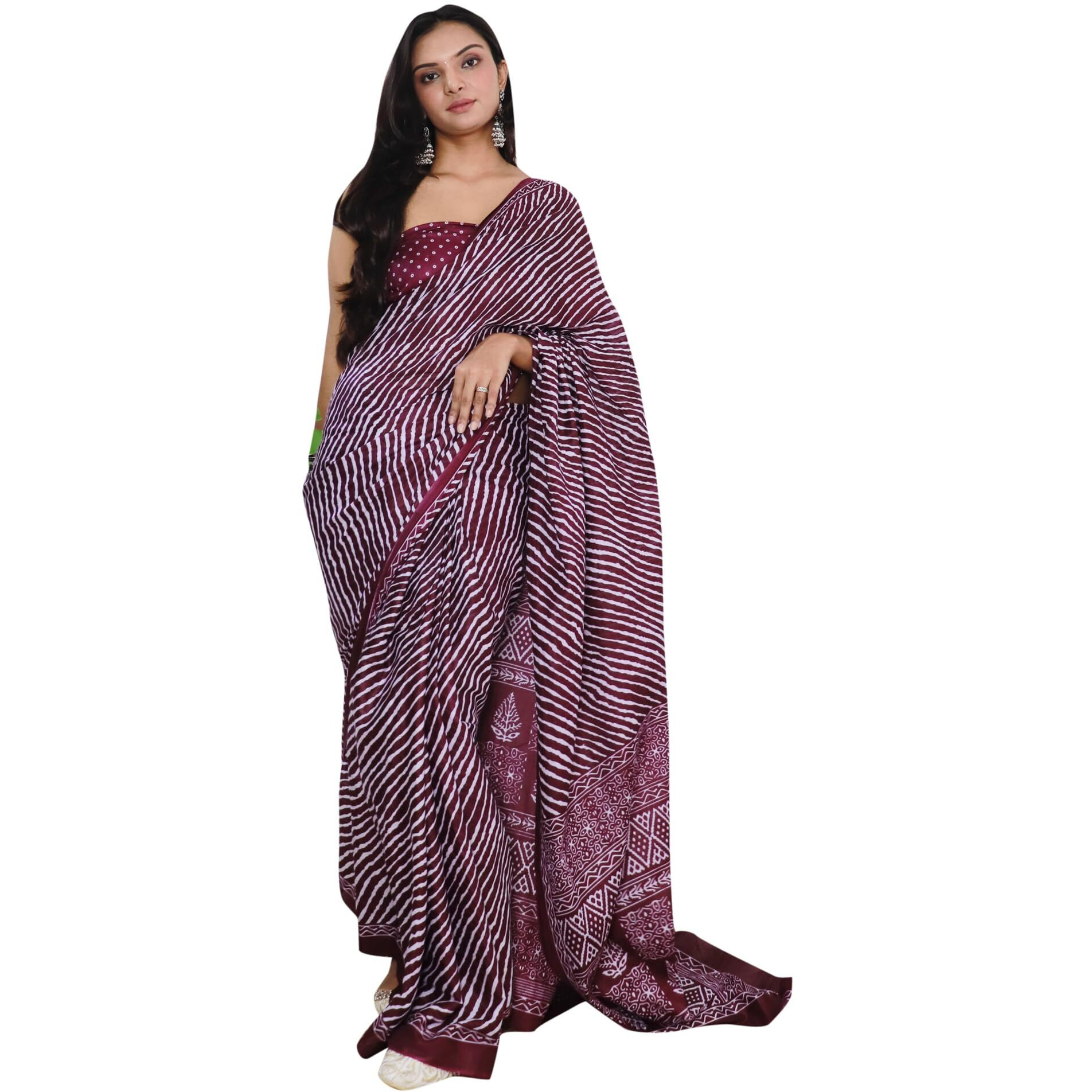 AKHILAM Womens Leheriya Printed Pure Cotton Ready To Wear one Minute Saree With Unstitched Blouse Piece (Magenta_RTWMINAXI9008_SMC)