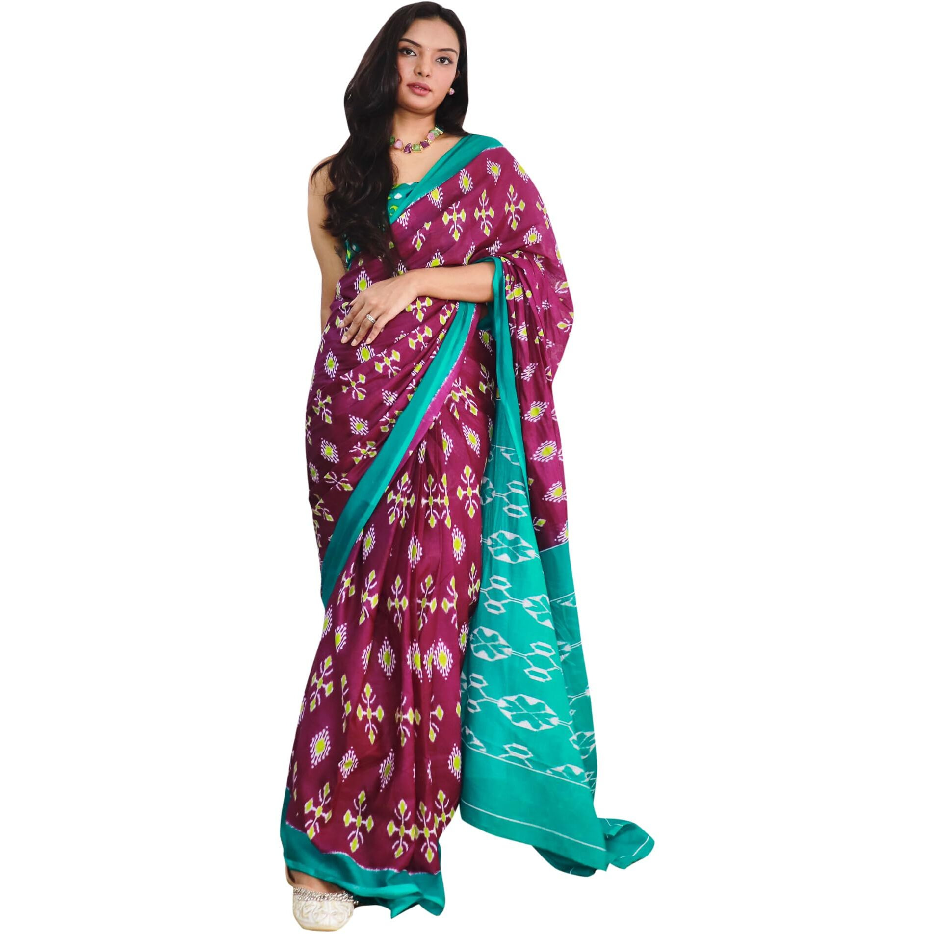 AKHILAM Womens Ikat Printed Pure Cotton Ready To Wear one Minute Saree With Unstitched Blouse Piece (Magenta_RTWMINAXI8005_SMC)