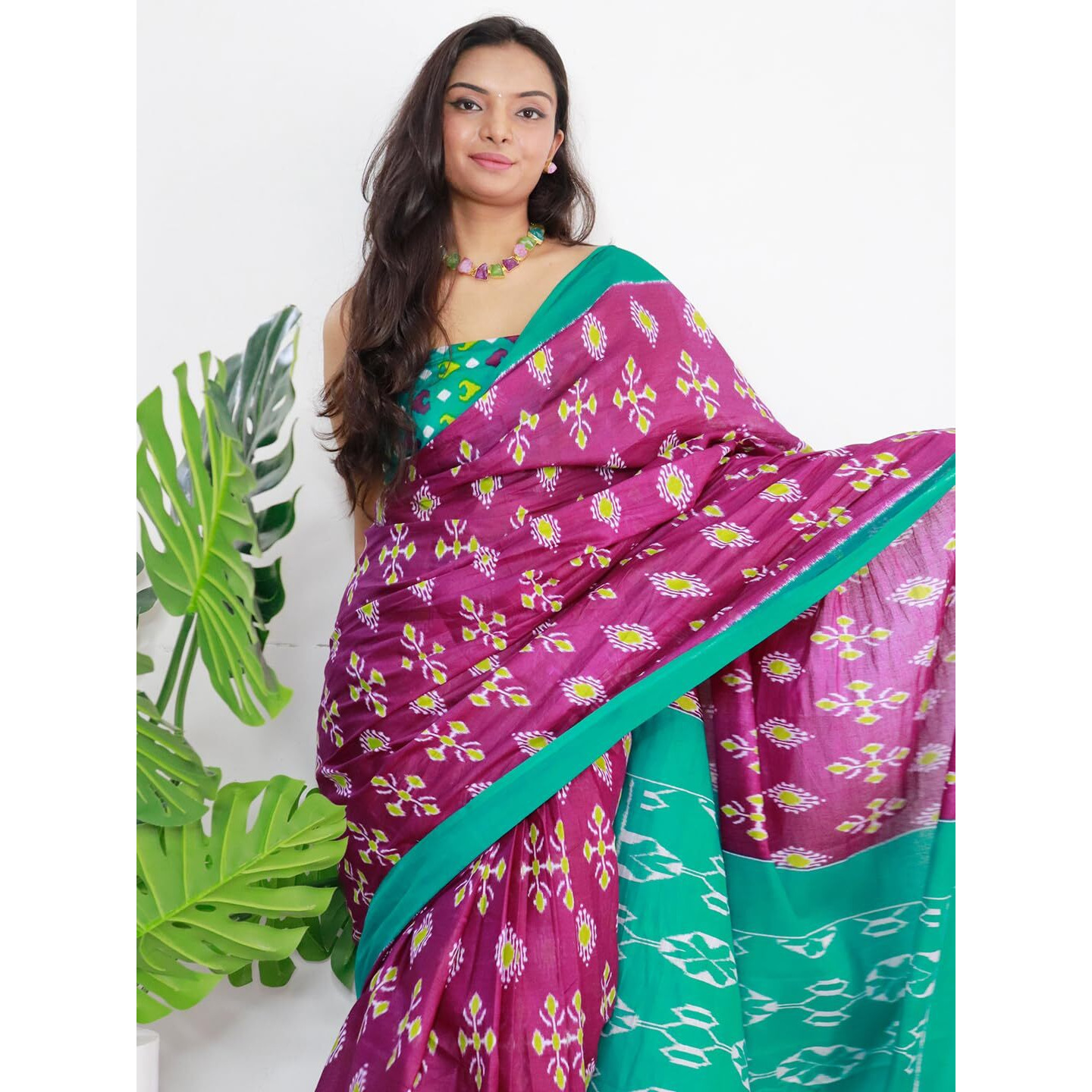 AKHILAM Womens Ikat Printed Pure Cotton Ready To Wear one Minute Saree With Unstitched Blouse Piece (Magenta_RTWMINAXI8005_SMC)