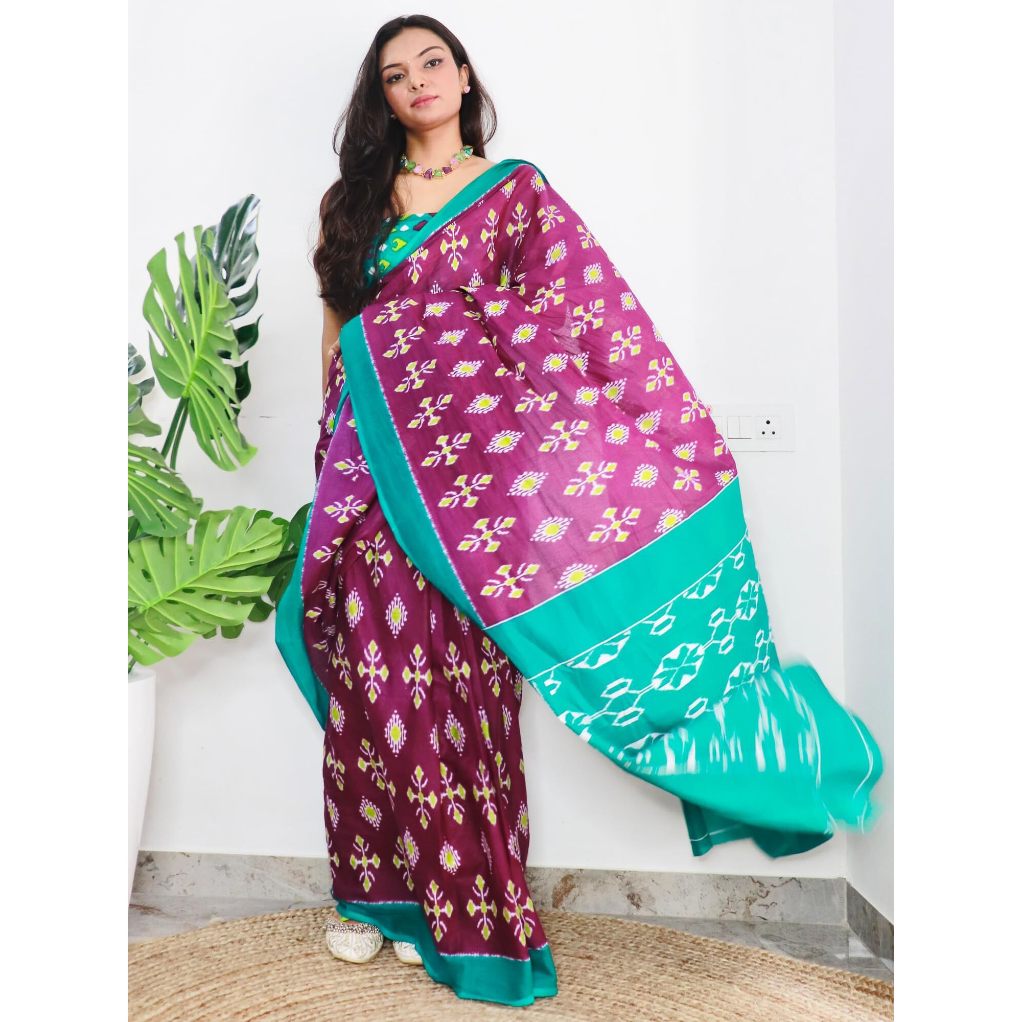 AKHILAM Womens Ikat Printed Pure Cotton Ready To Wear one Minute Saree With Unstitched Blouse Piece (Magenta_RTWMINAXI8005_SMC)