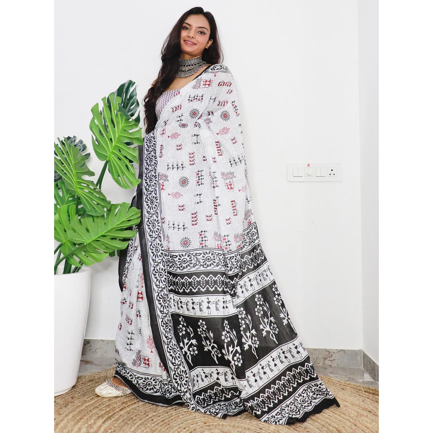 AKHILAM Womens Warli Printed Pure Cotton Ready To Wear one Minute Saree With Unstitched Blouse Piece (White_RTWMINAXI8009_SMC)